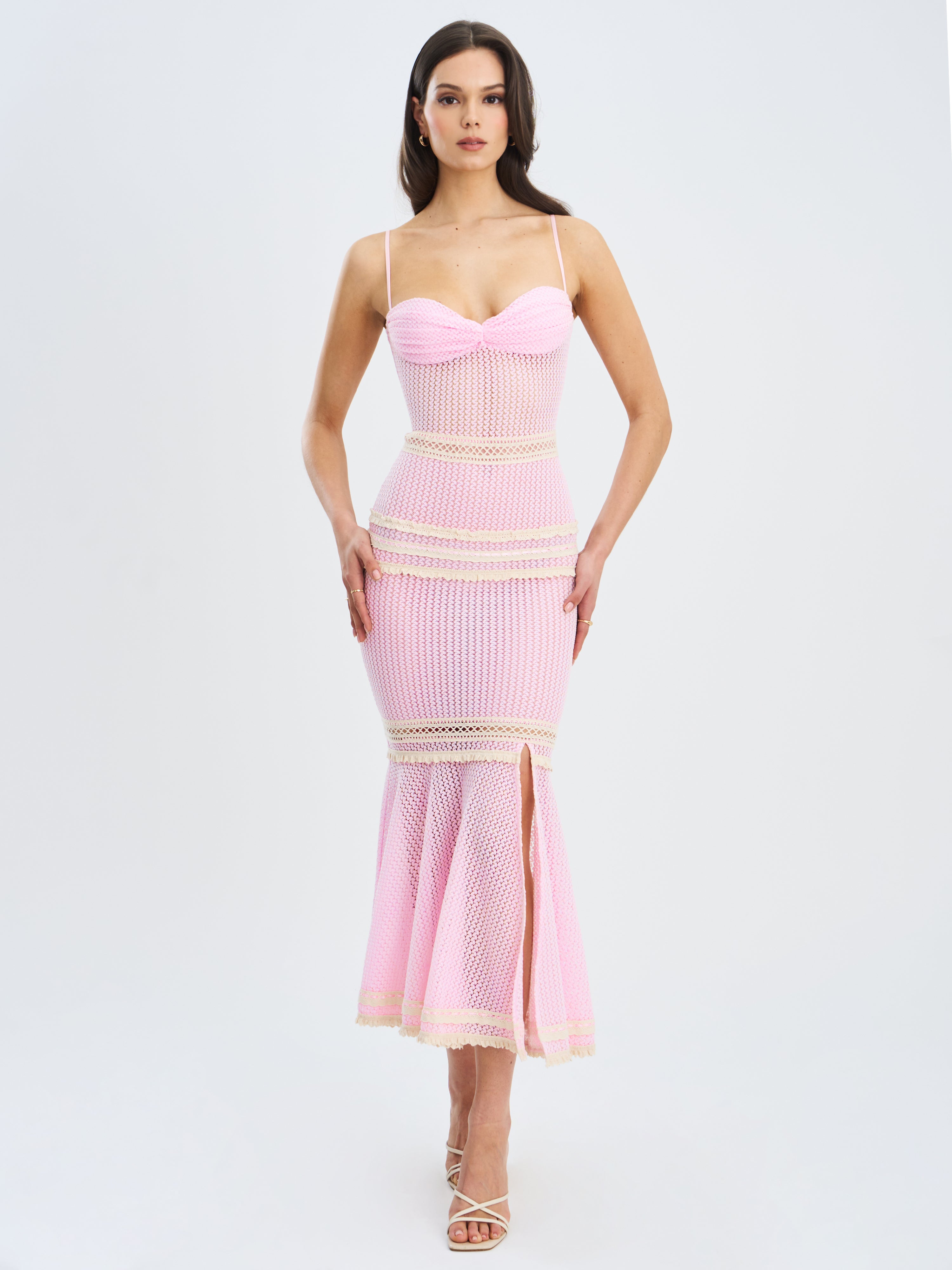 Pallas Pink Lace Trim Crochet Mermaid Maxi Dress