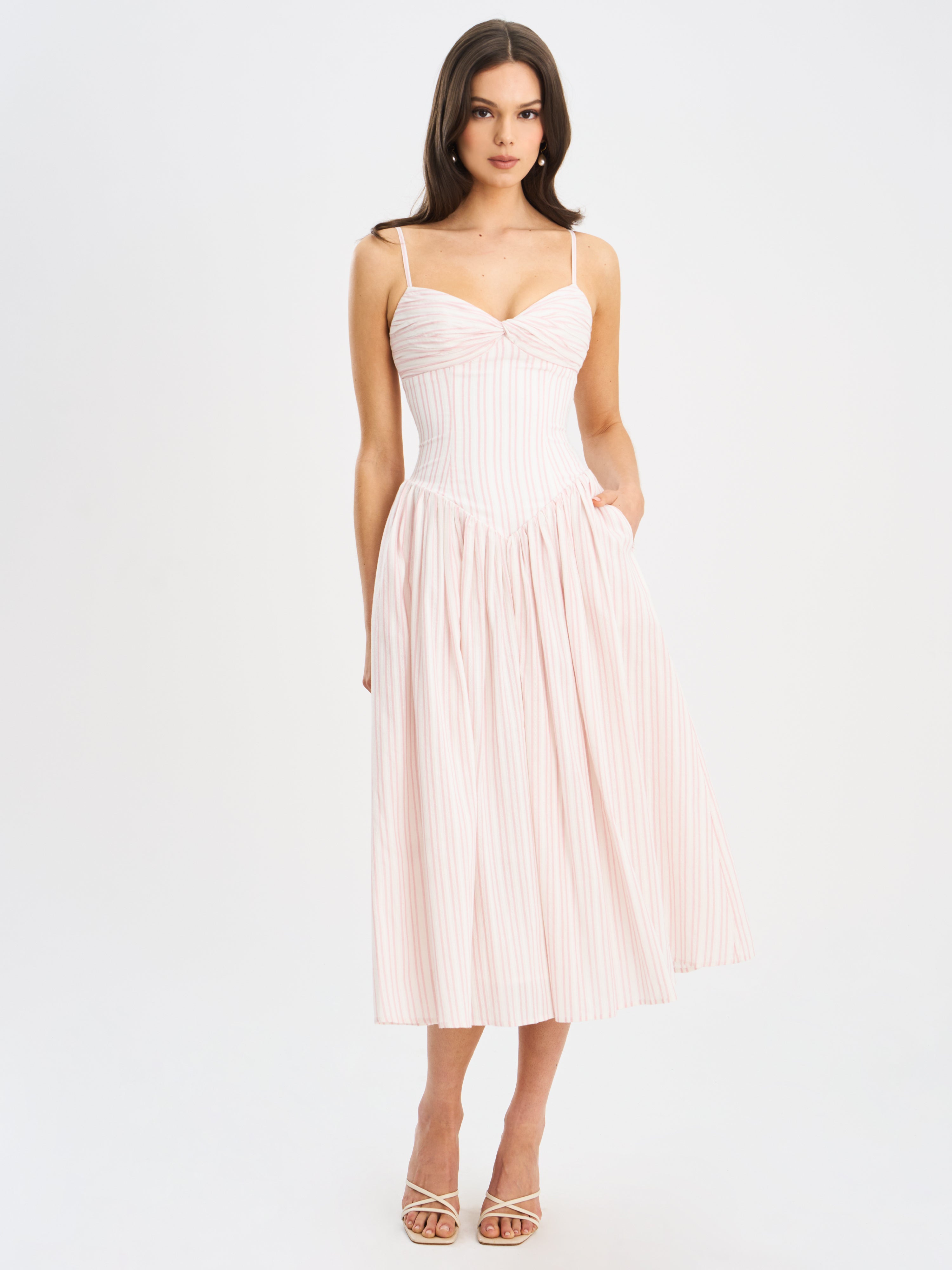 Zania Pink Stripe Ruched Breast Cotton Jacquard Midi Dress