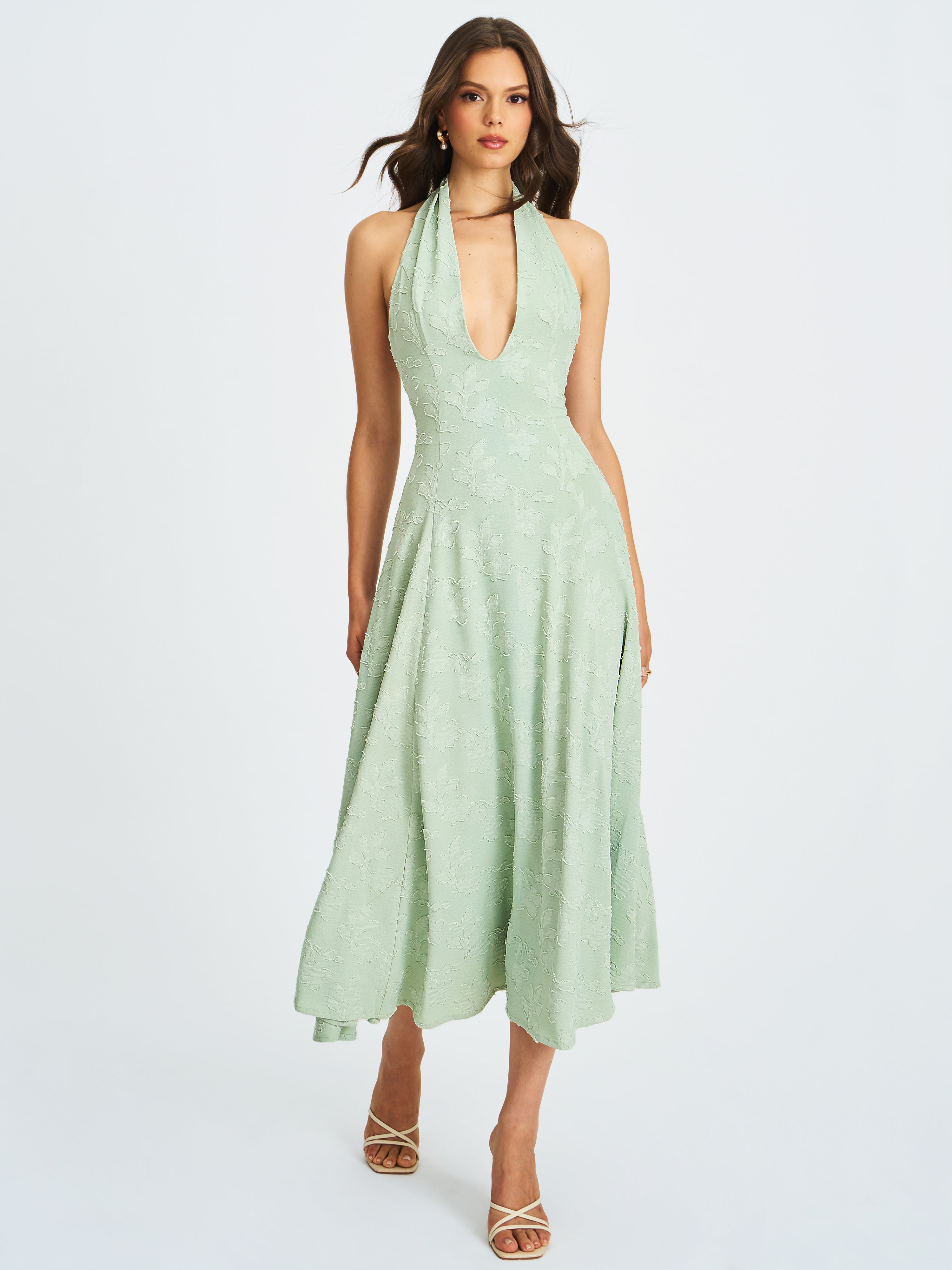 Magda Mint Green Deep V Neck Halter A-line Midi Dress