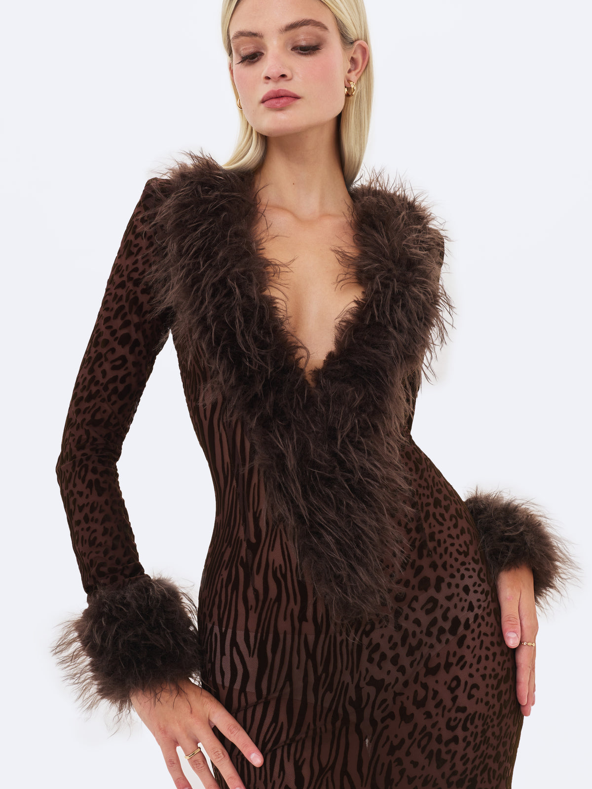 Luana Brown Plunging Fur Trimmed Burnout Mesh Maxi Dress