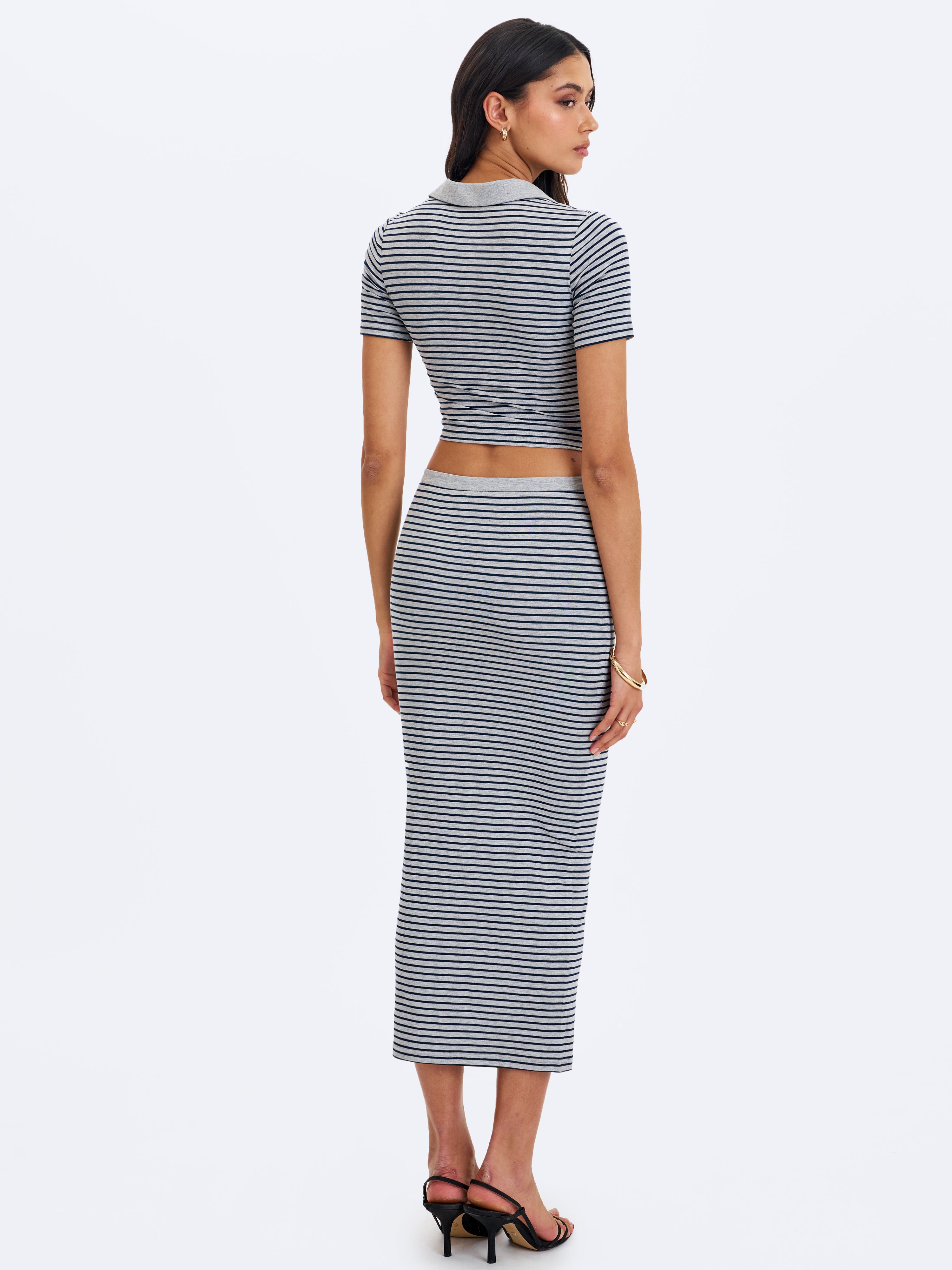 Westlyn Grey & Navy Lyocell Jersey Striped Midi Skirt