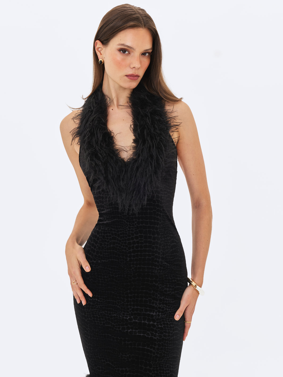 Onalee Black Croc-Embossed Velvet Fur Midi Dress