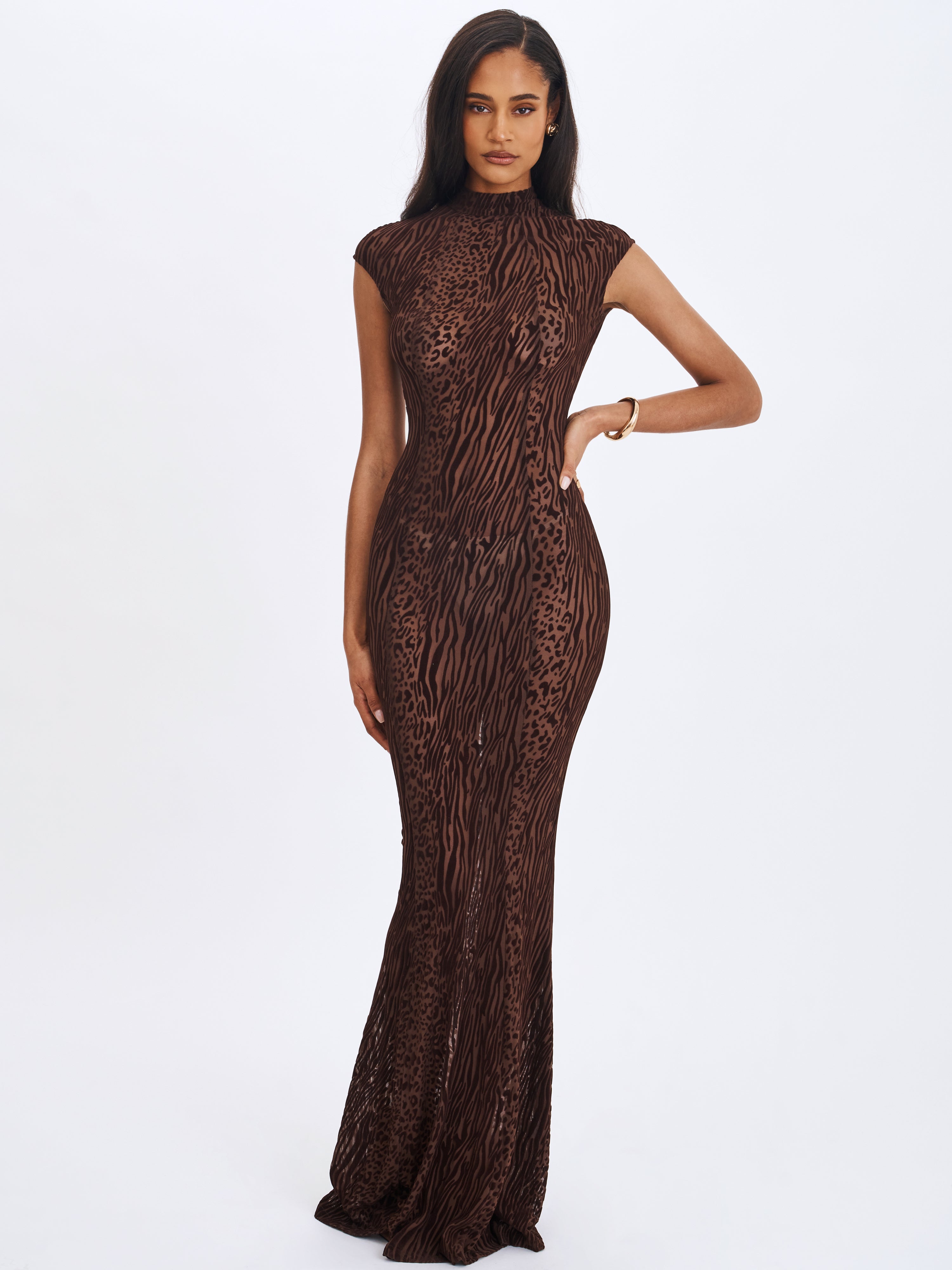 Tyanna Mocha Burnout Velvet Mesh Backless Mermaid Maxi Dress