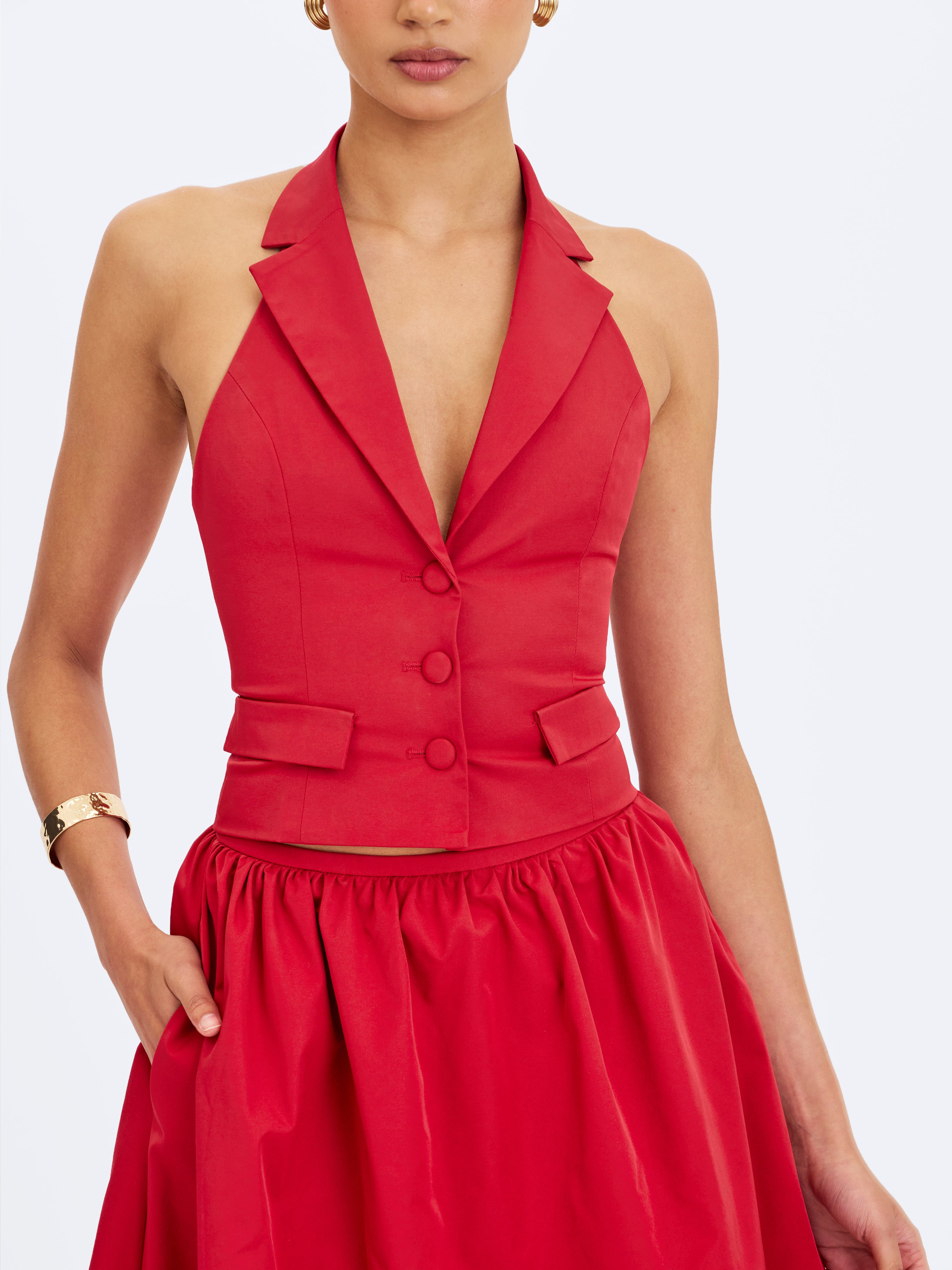 Ursella Crimson Halter Single-Breasted Lapel Top