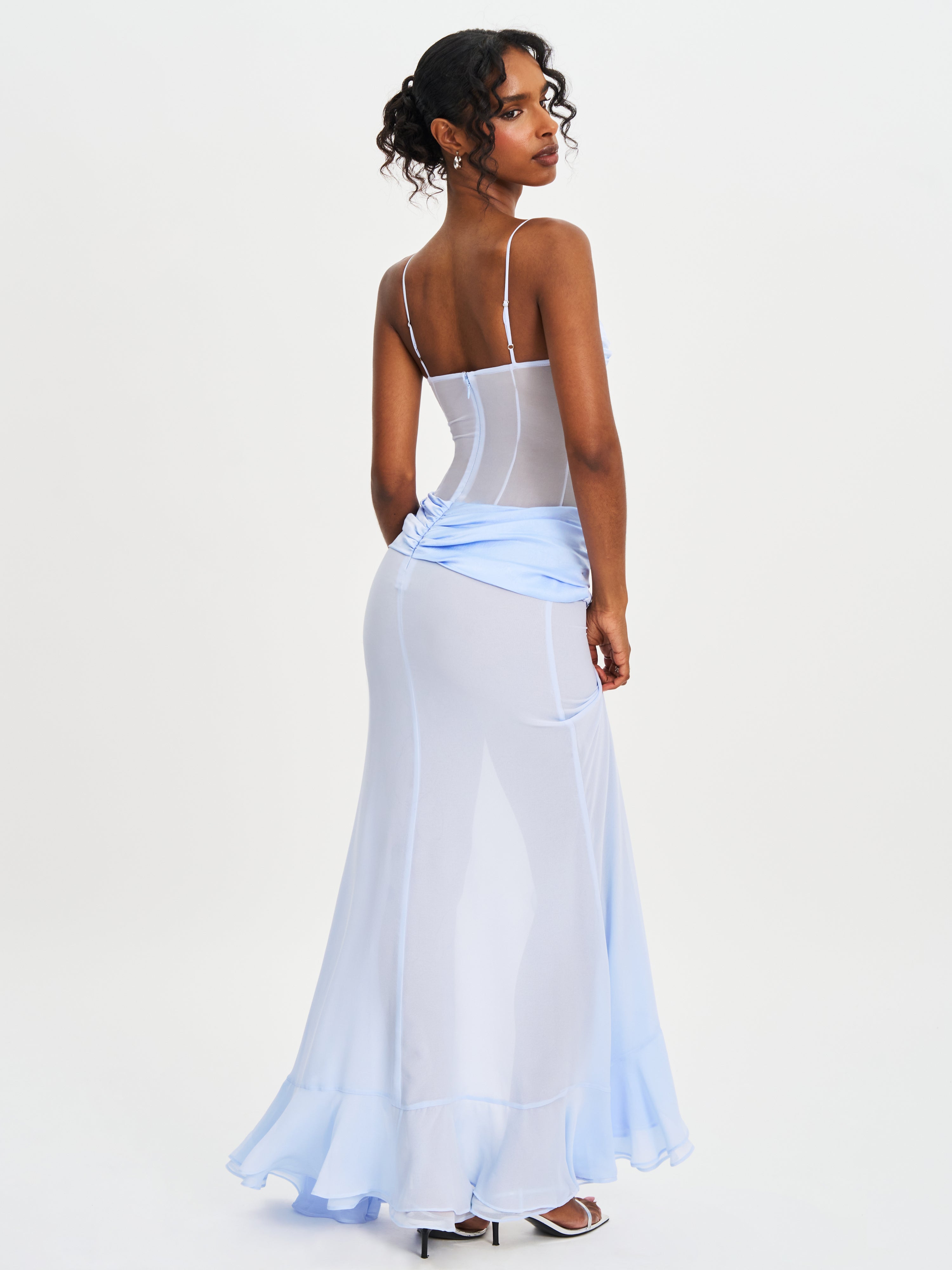 Lacy Blue Ruched Breast High Slit Chiffon Dress