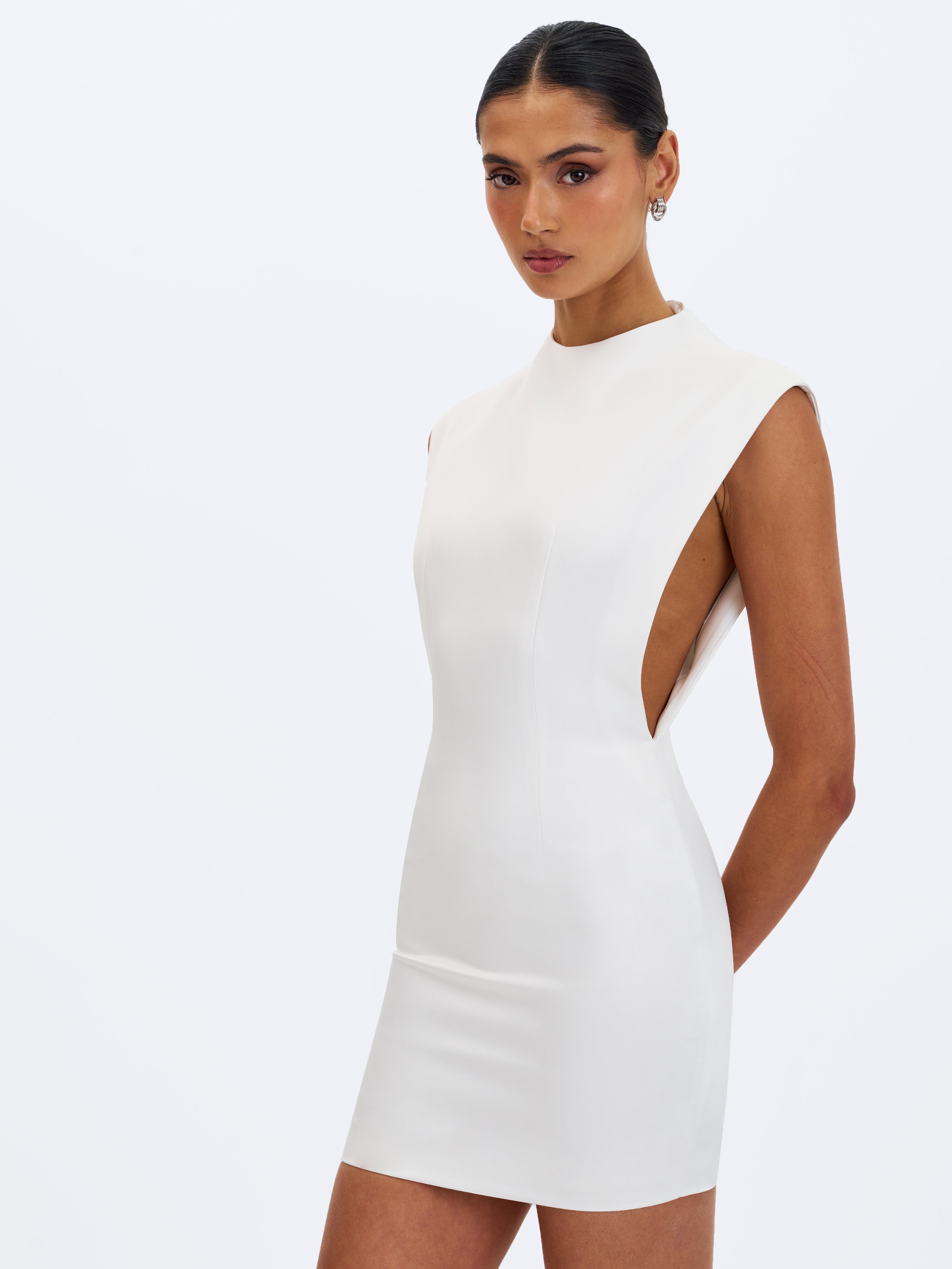 Vienna White Satin Mock Neck Mini Dress