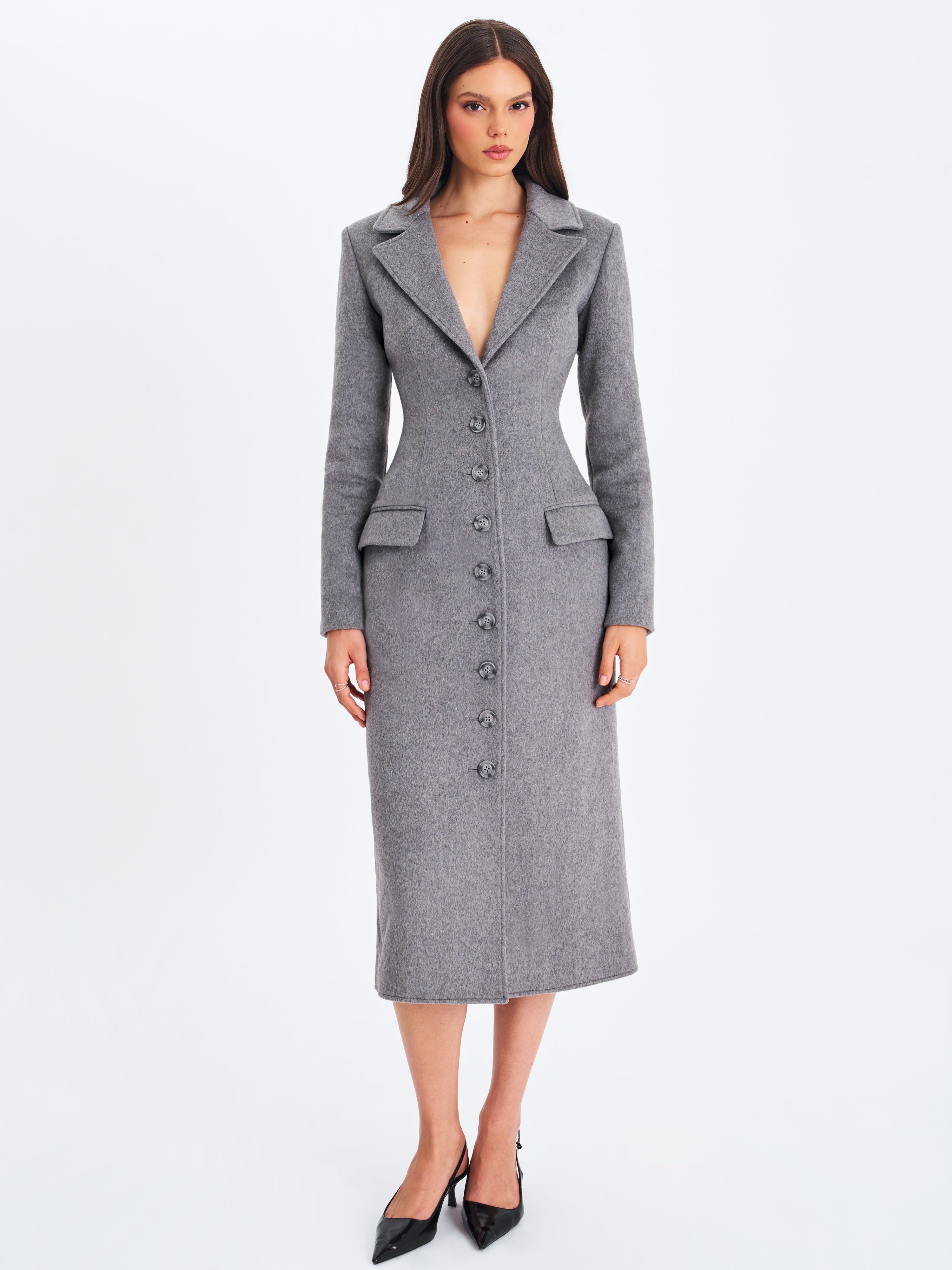 Faye Grey Wool Blend Single-Breasted Coat with Removable Faux Fur Collar