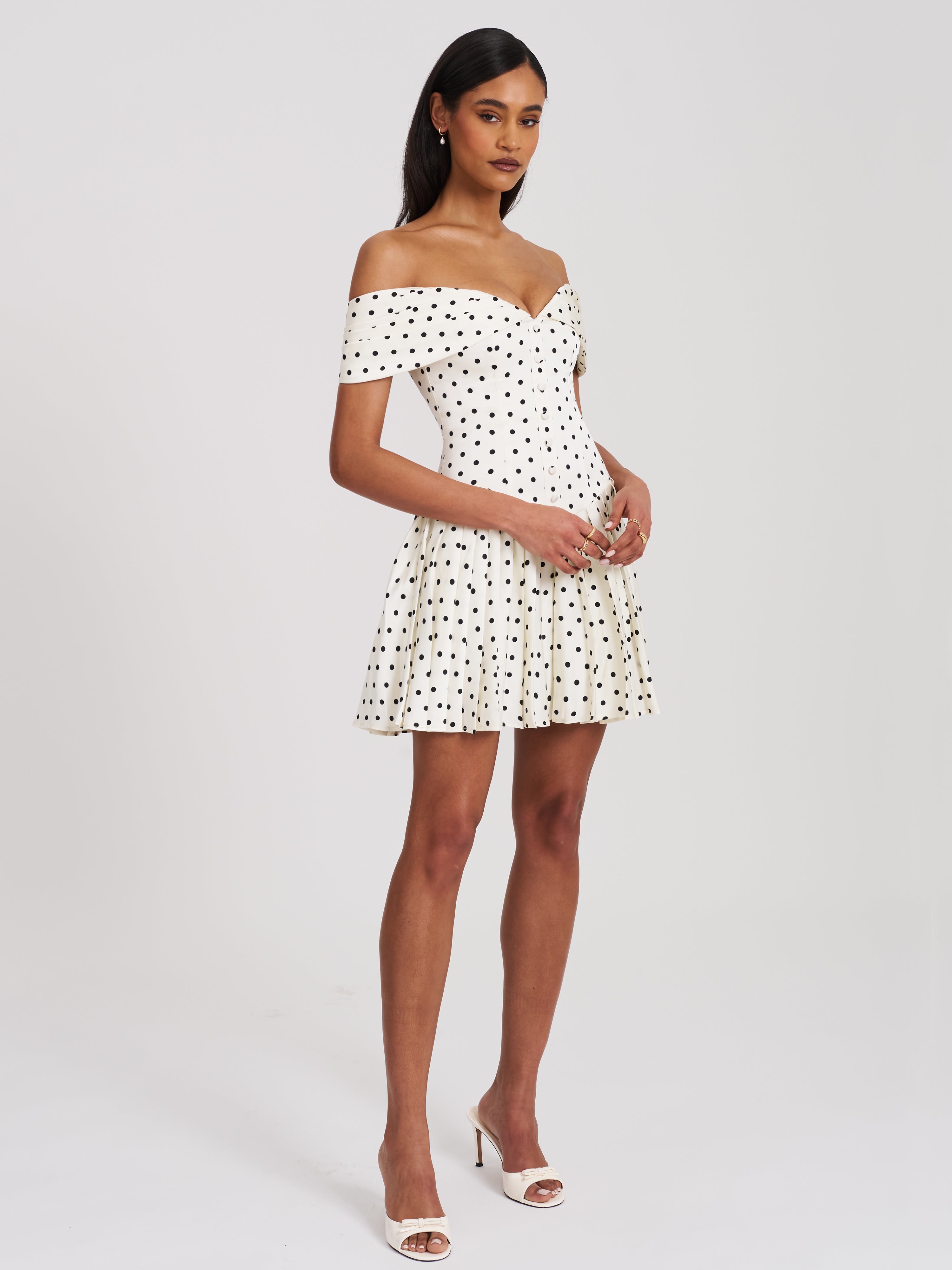 Edeline Polka Dot Off-shoulder Pleated Mini Dress