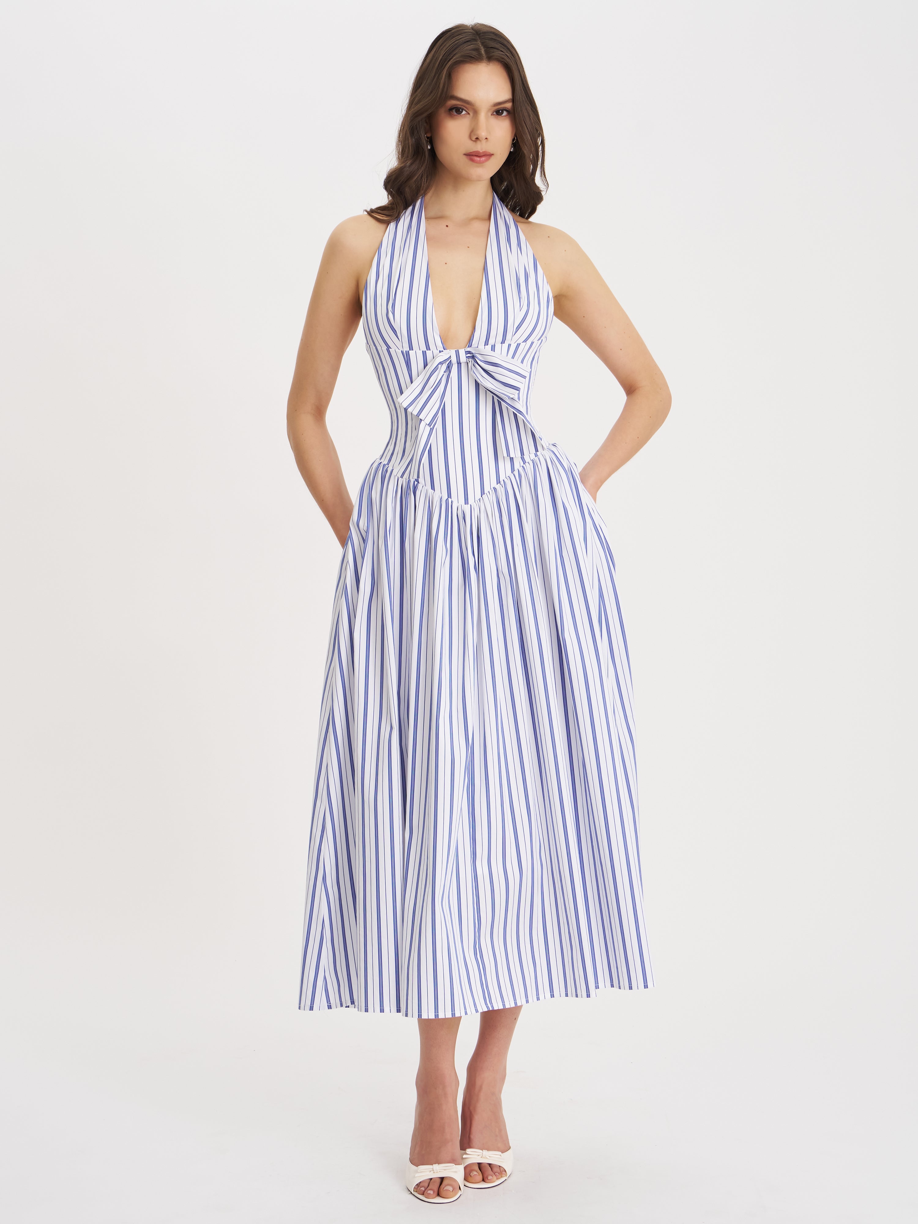 Mackenna Navy Stripe Halter Smock Back Maxi Dress