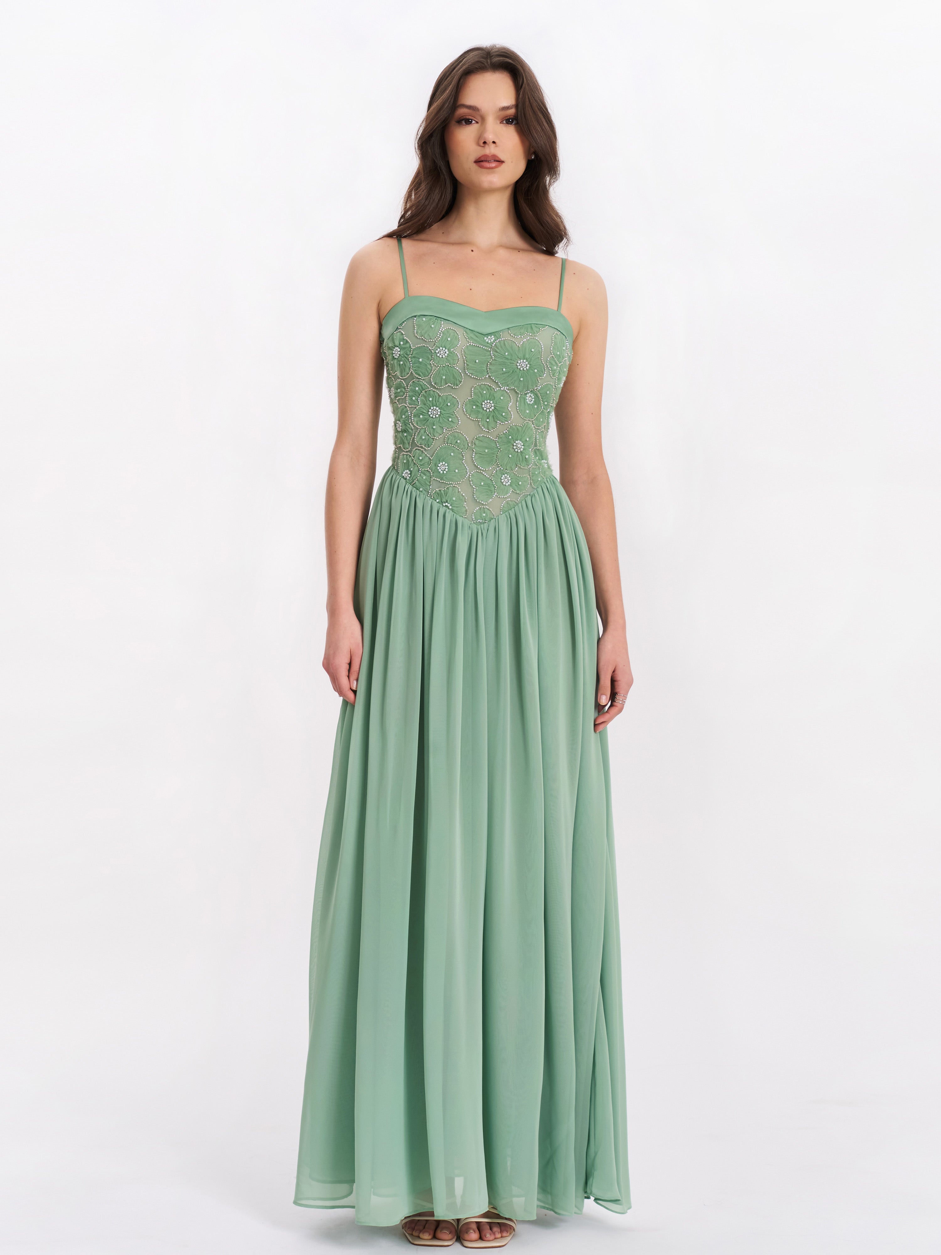 Ucille Sage Green Embroidered Chiffon Maxi Dress (Archive Sale)