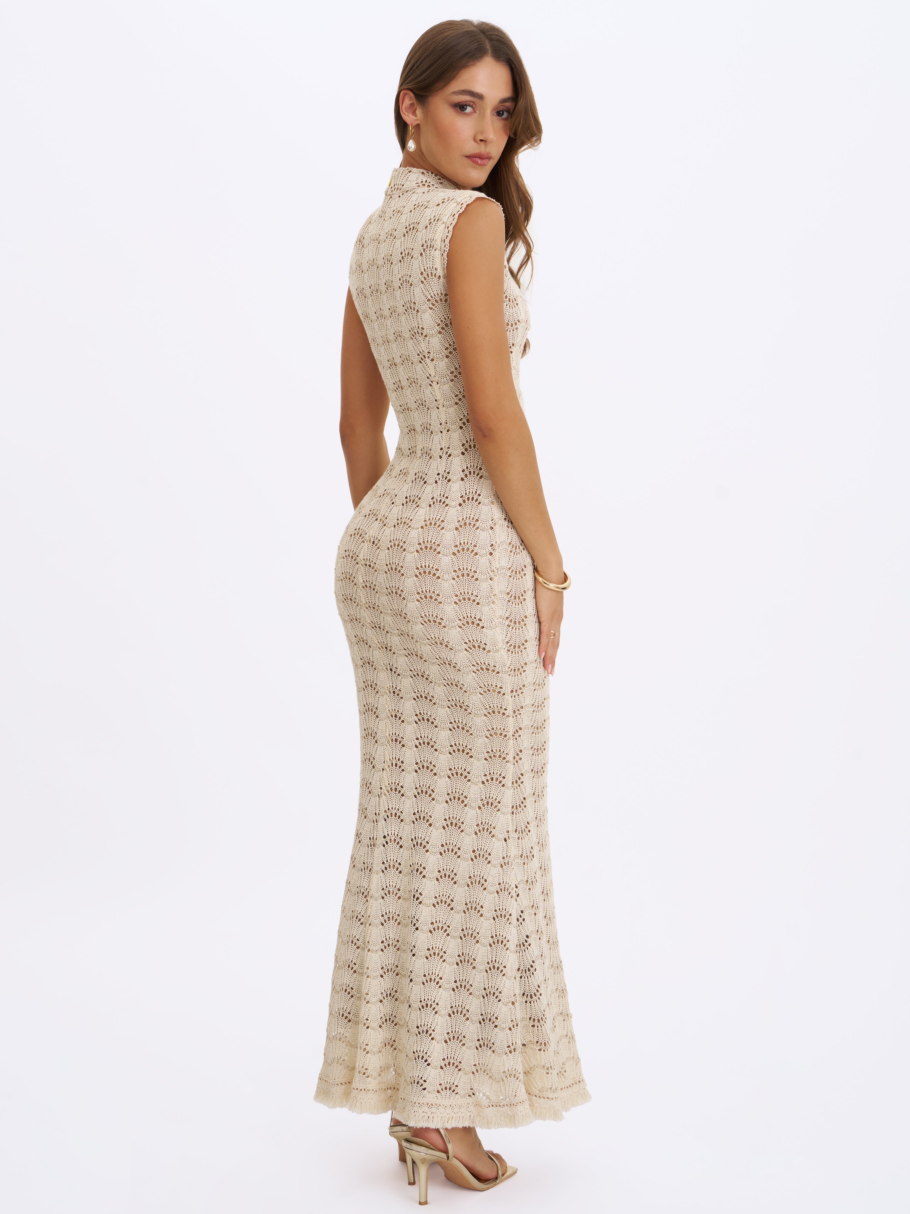 Xylona Beige & Gold Crochet Teardrop Neckline Mermaid Maxi Dress