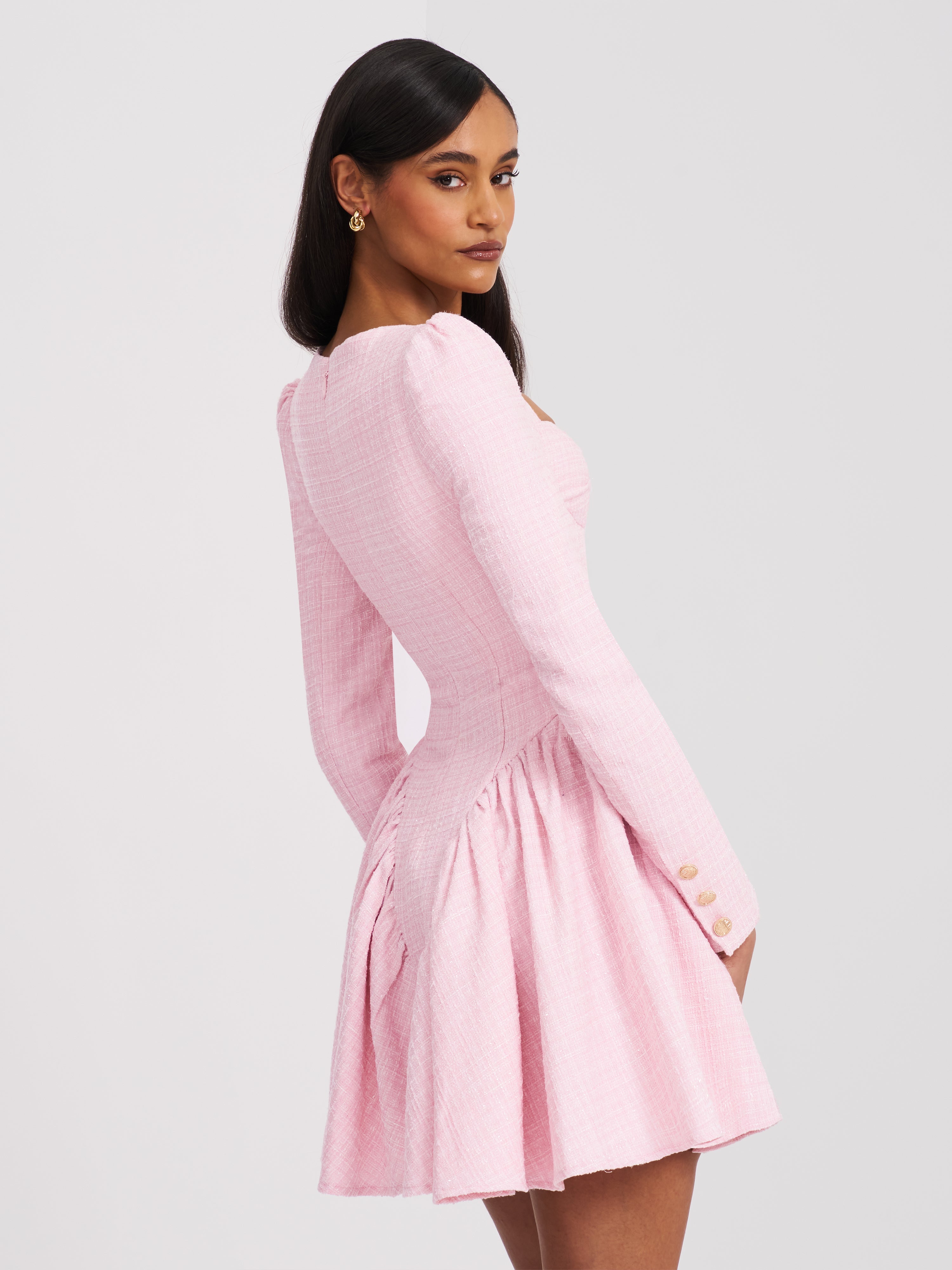 Tae Pink Tweed Long Sleeve Drop Waist Mini Dress (Archive Sale)