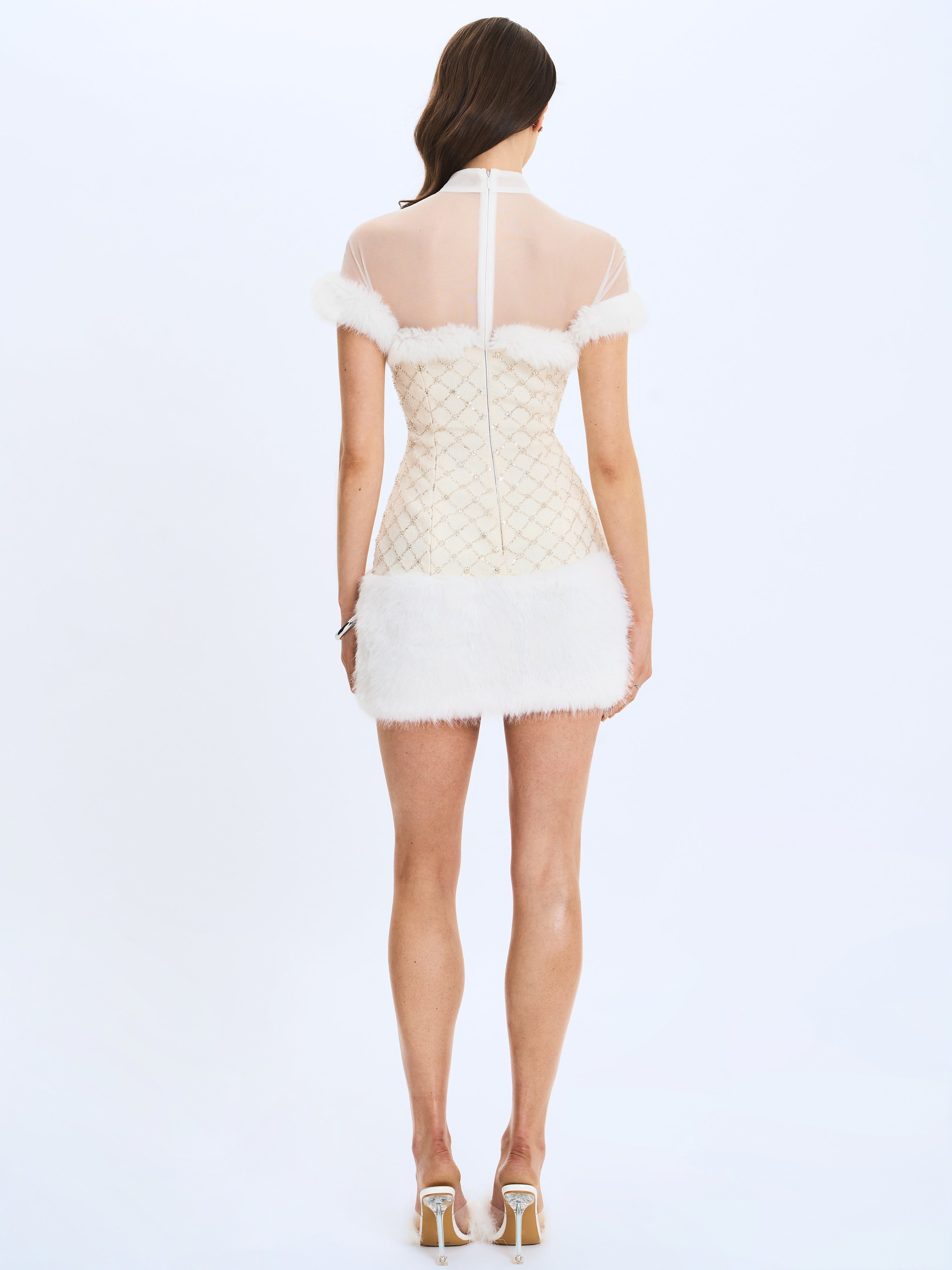 Taylor Ivory Fur Trimmed Beaded Bouclé Mini Dress