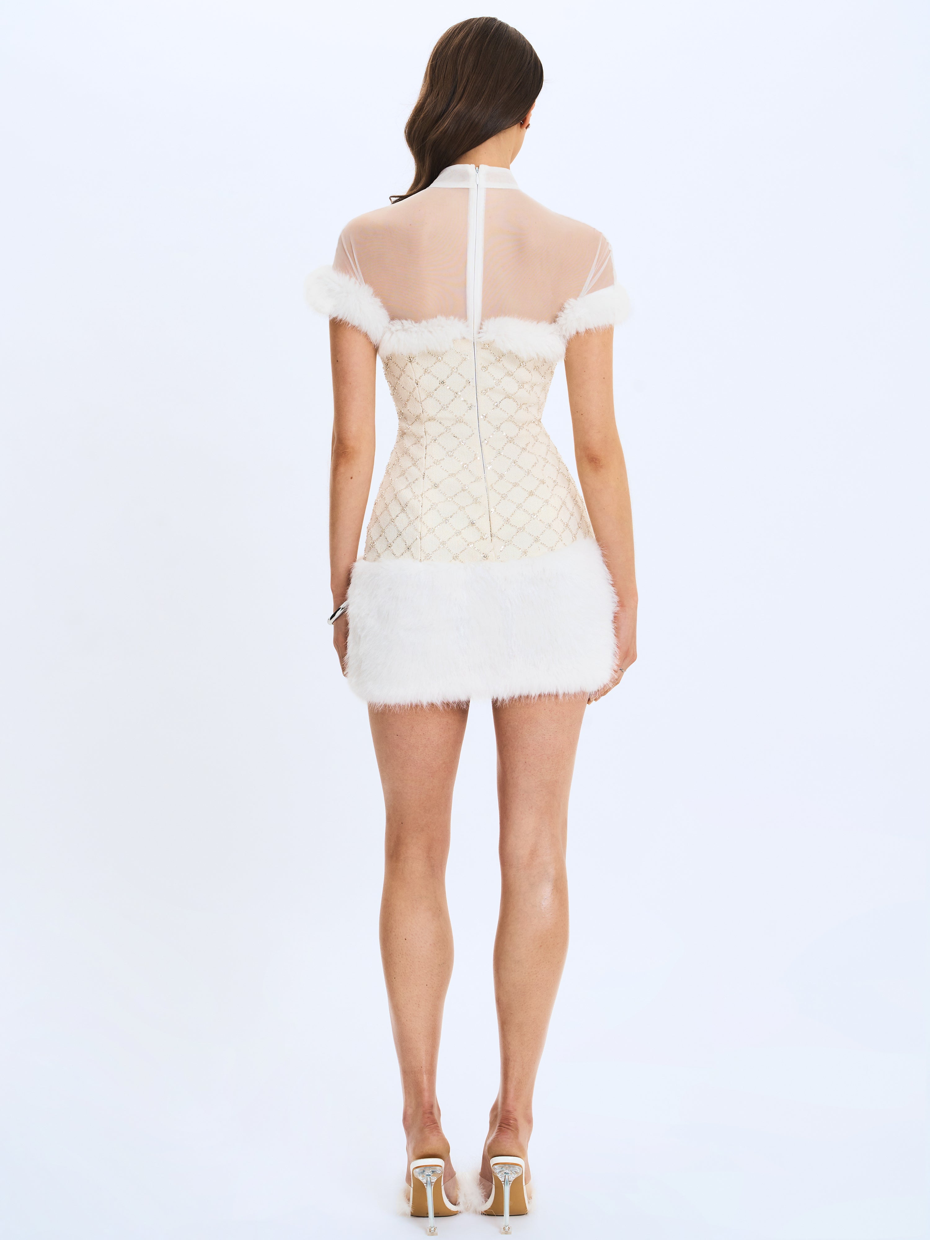 Taylor Ivory Fur Trimmed Beaded Bouclé Mini Dress