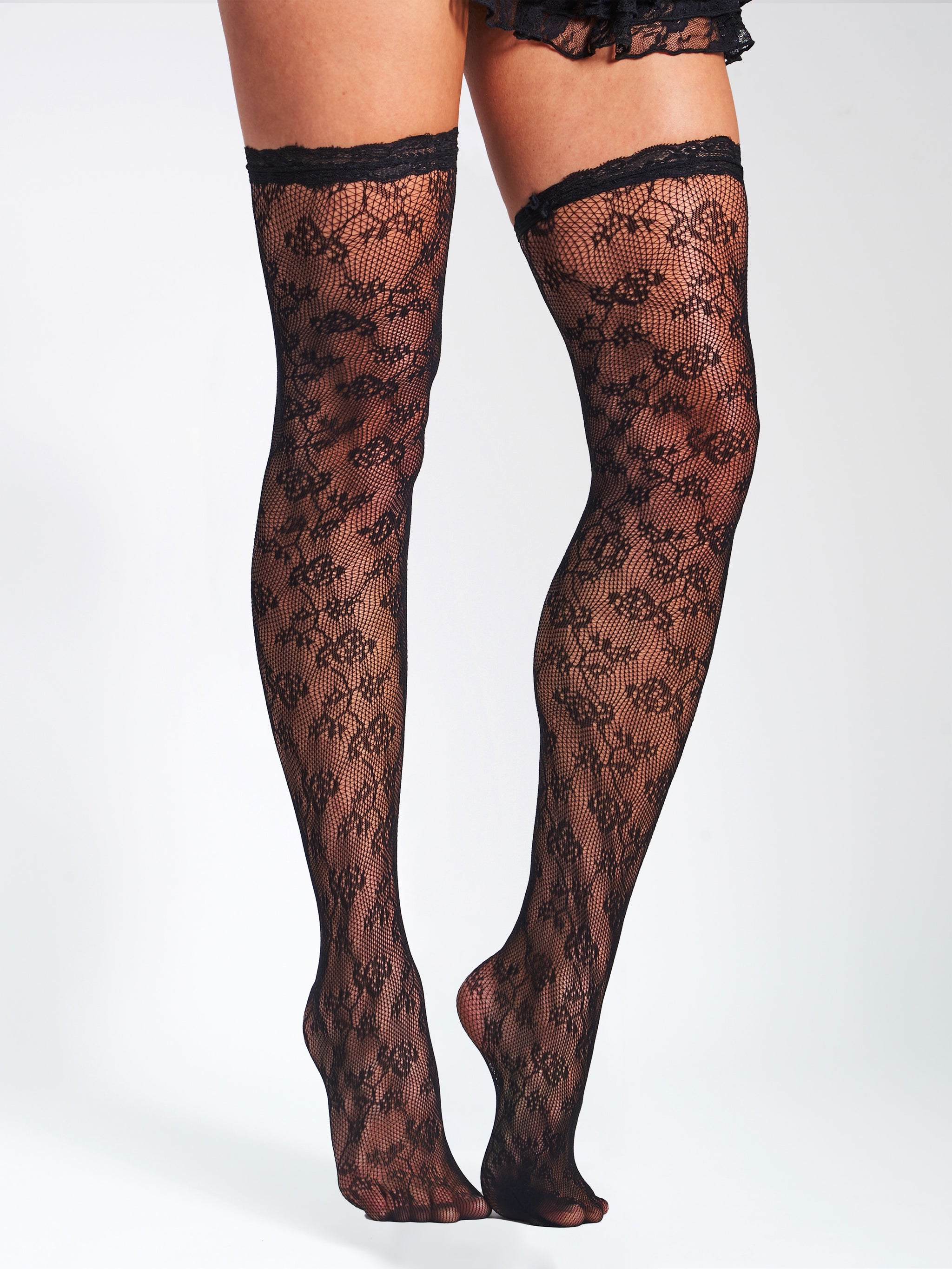 stokkings Miss Circle Black Lace Floral Print Thigh High Stockings M / US 4-8