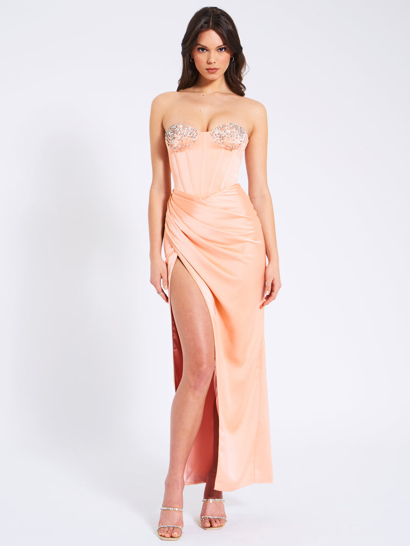 Amelia Blush Satin Corset Slit Gown With Crystal Embellished
