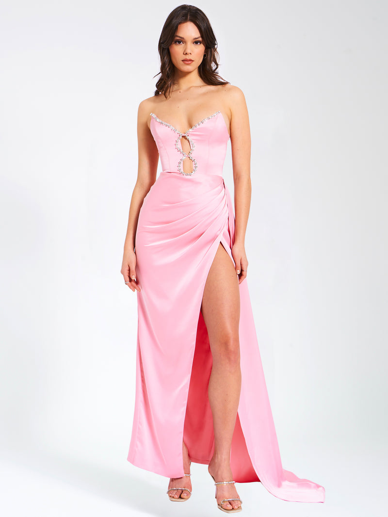 Marilyn Pink Satin Crystal Embellished High Slit Gown