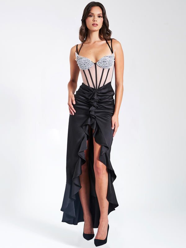 Rafaela Black Satin Corset Sequin Wing Cup Dress