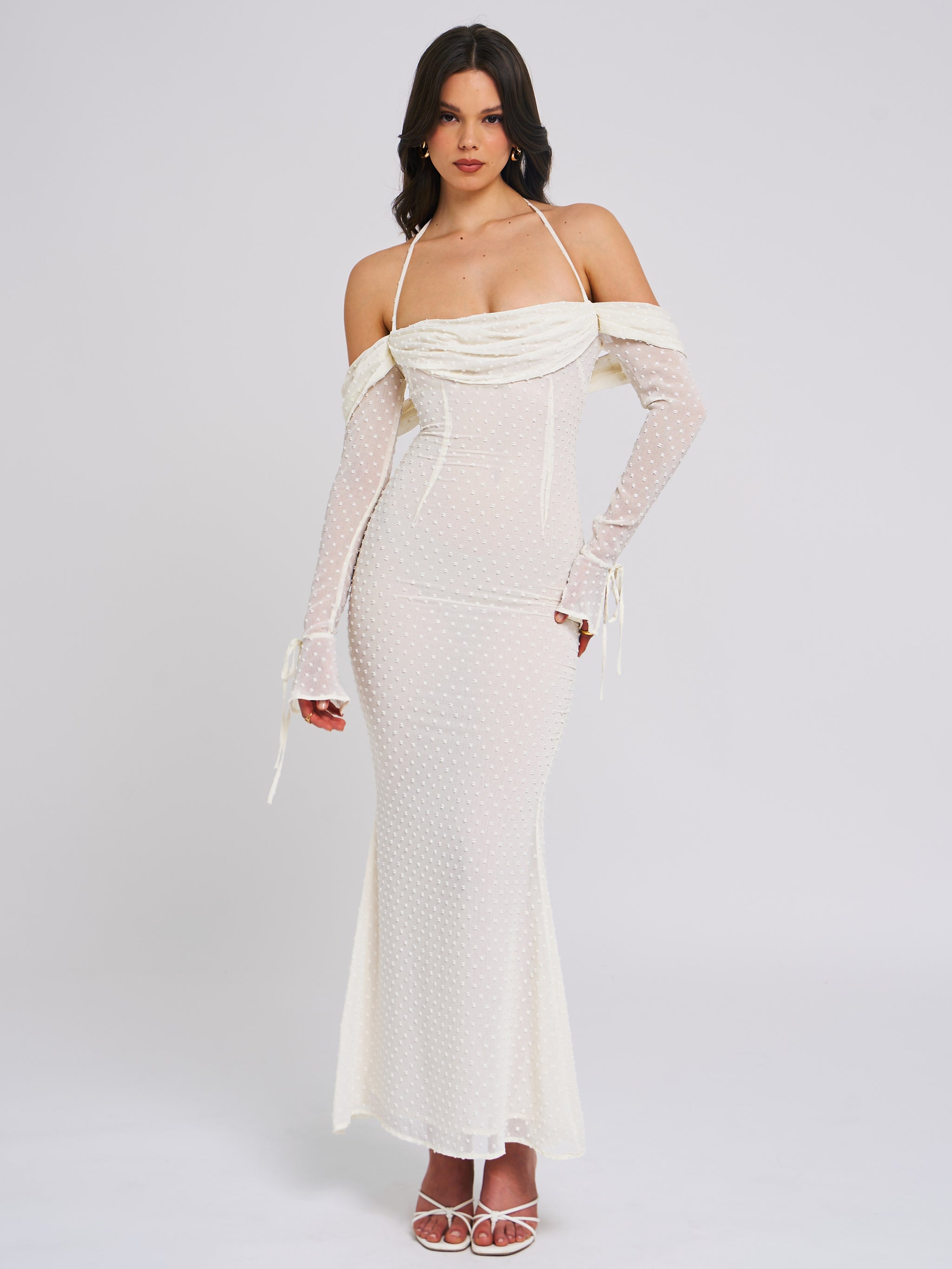 left arm long sleeve dress Miss Circle Women's Kaia Long Sleeve Off Shoulder Maxi Dress - White
