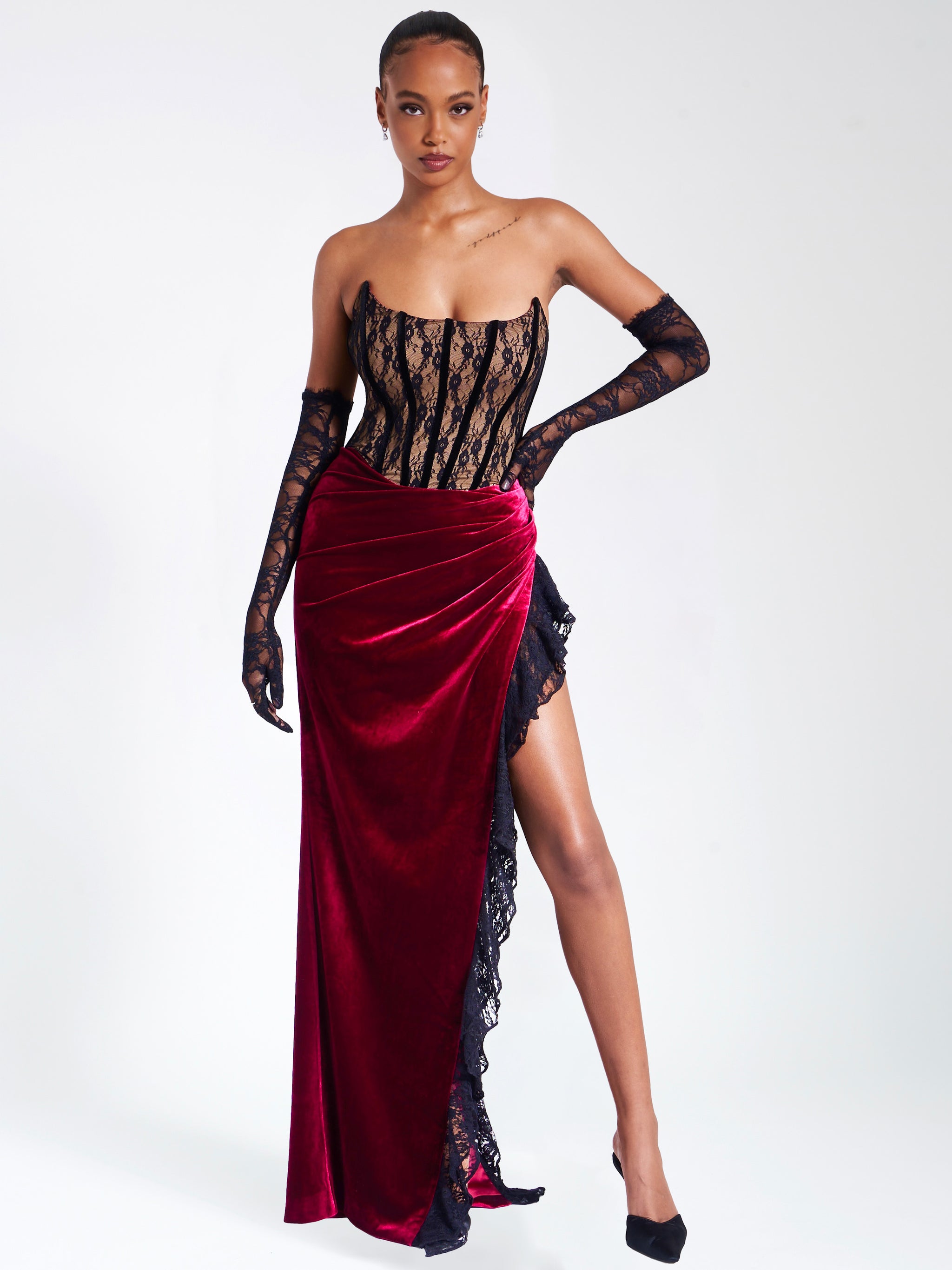 Miss Circle Women Gaia Burgundy Lace Velvet Corset Side Slit Dress