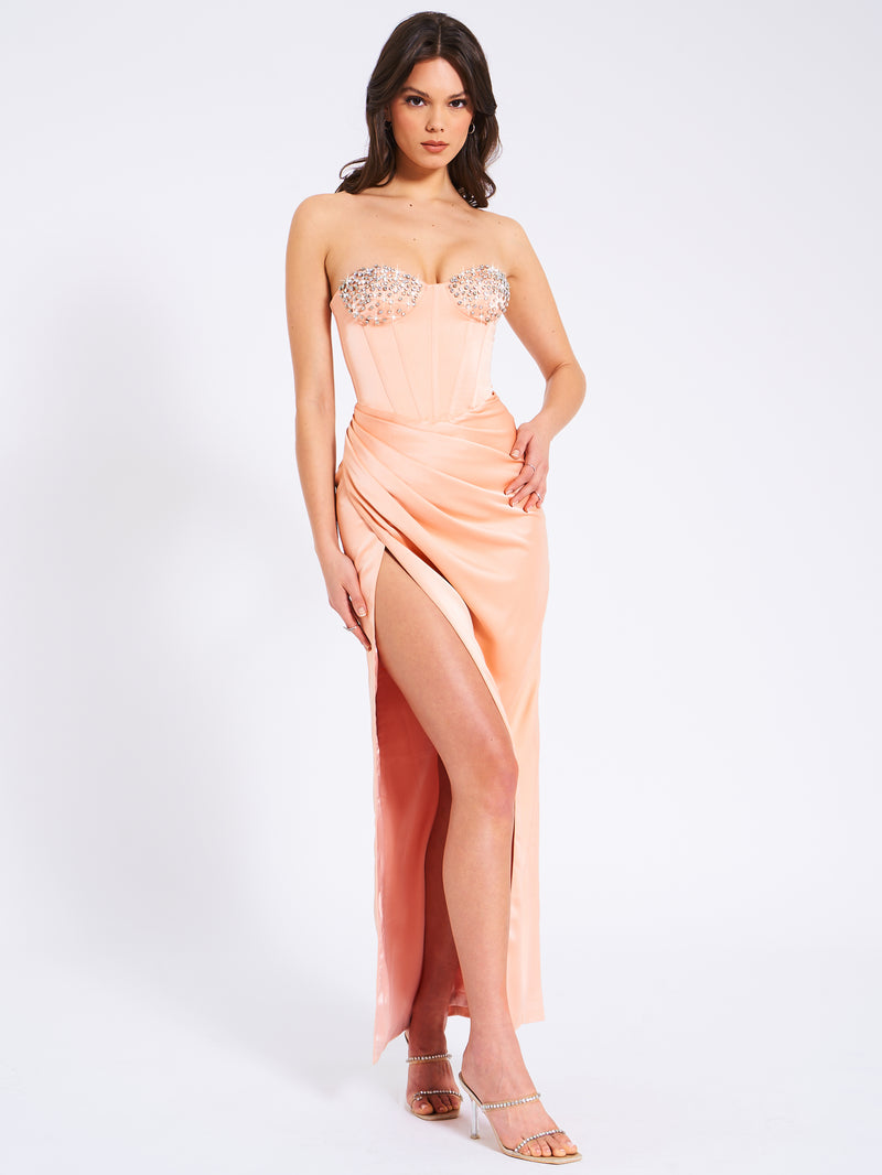 Amelia Blush Satin Corset Slit Gown With Crystal Embellished