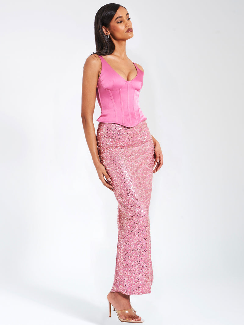 Juliana Pink Satin Peplum Corset Sequin Maxi Dress