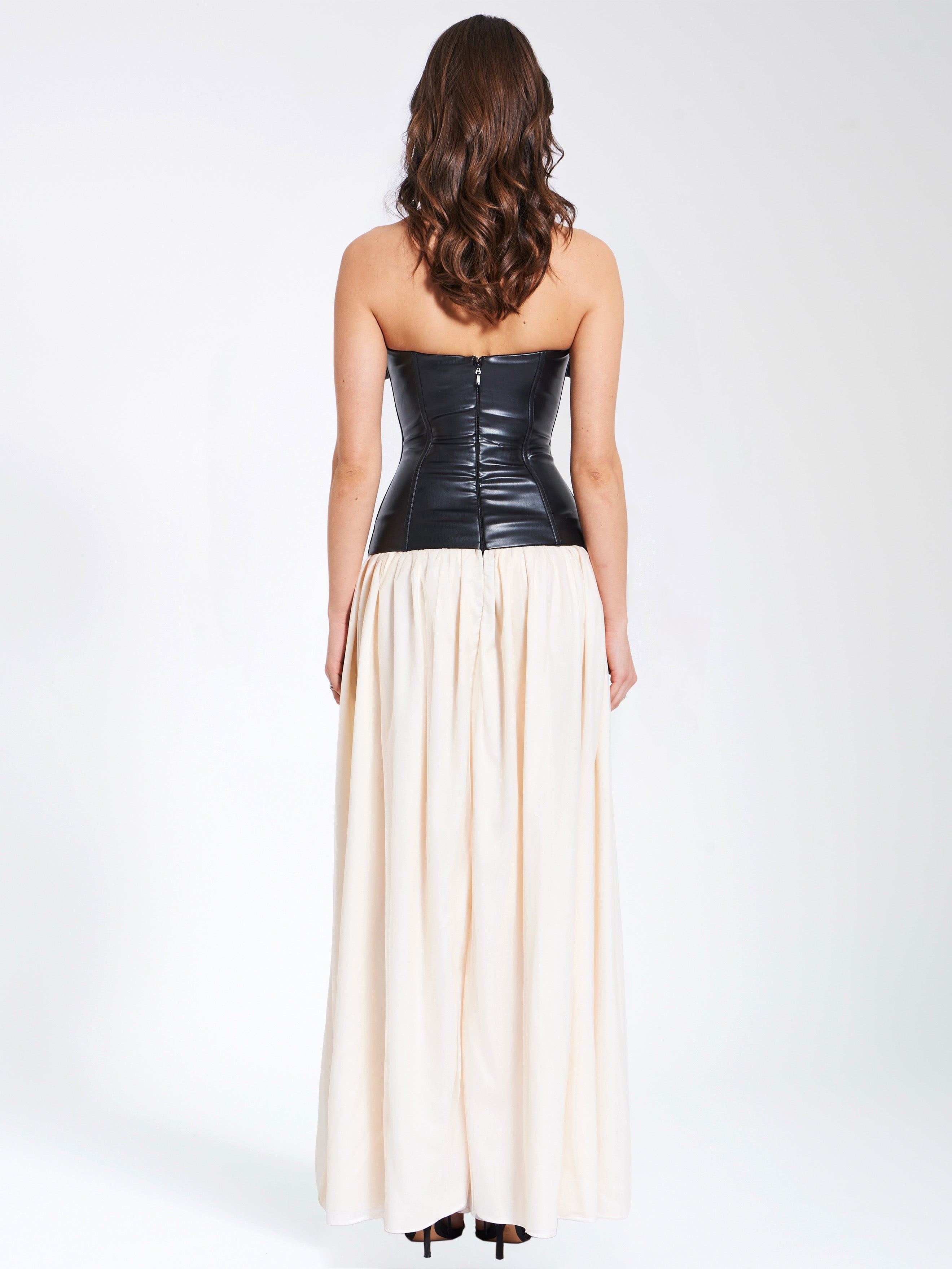 Maayan Black Vegan Leather Corset High Slit Drop Waist Maxi Dress (Archive Sale)