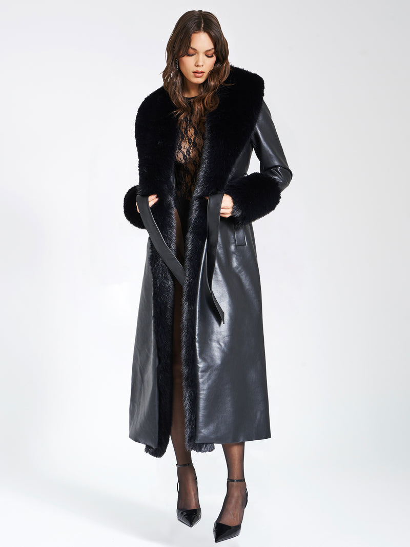 Zaida Black Faux Fur Trim Black Vegan Leather Coat