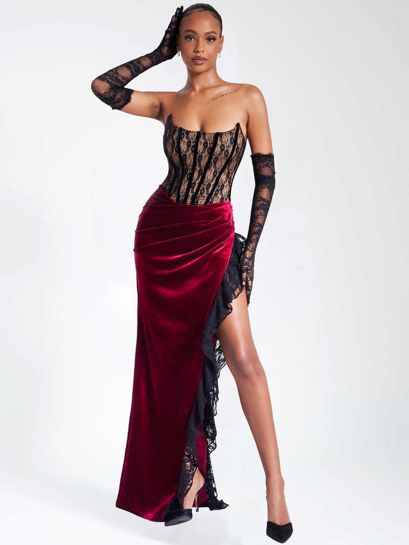 Gaia Burgundy Lace Velvet Corset Side Slit Dress