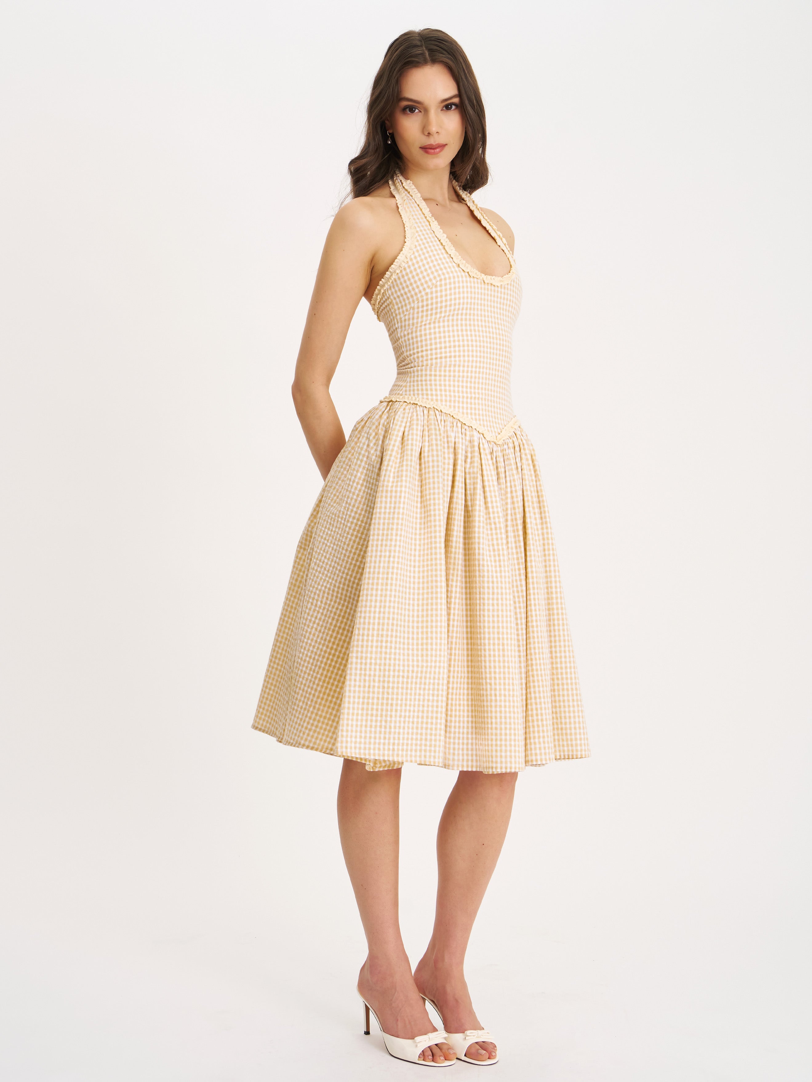 Idella Yellow Gingham U Neck Midi Dress