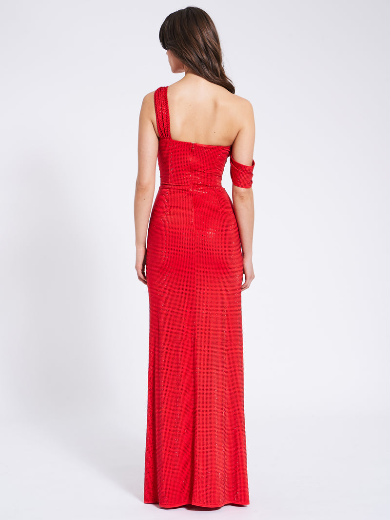 Paget Red Mesh Rhinestone Embellished High Slit Gown