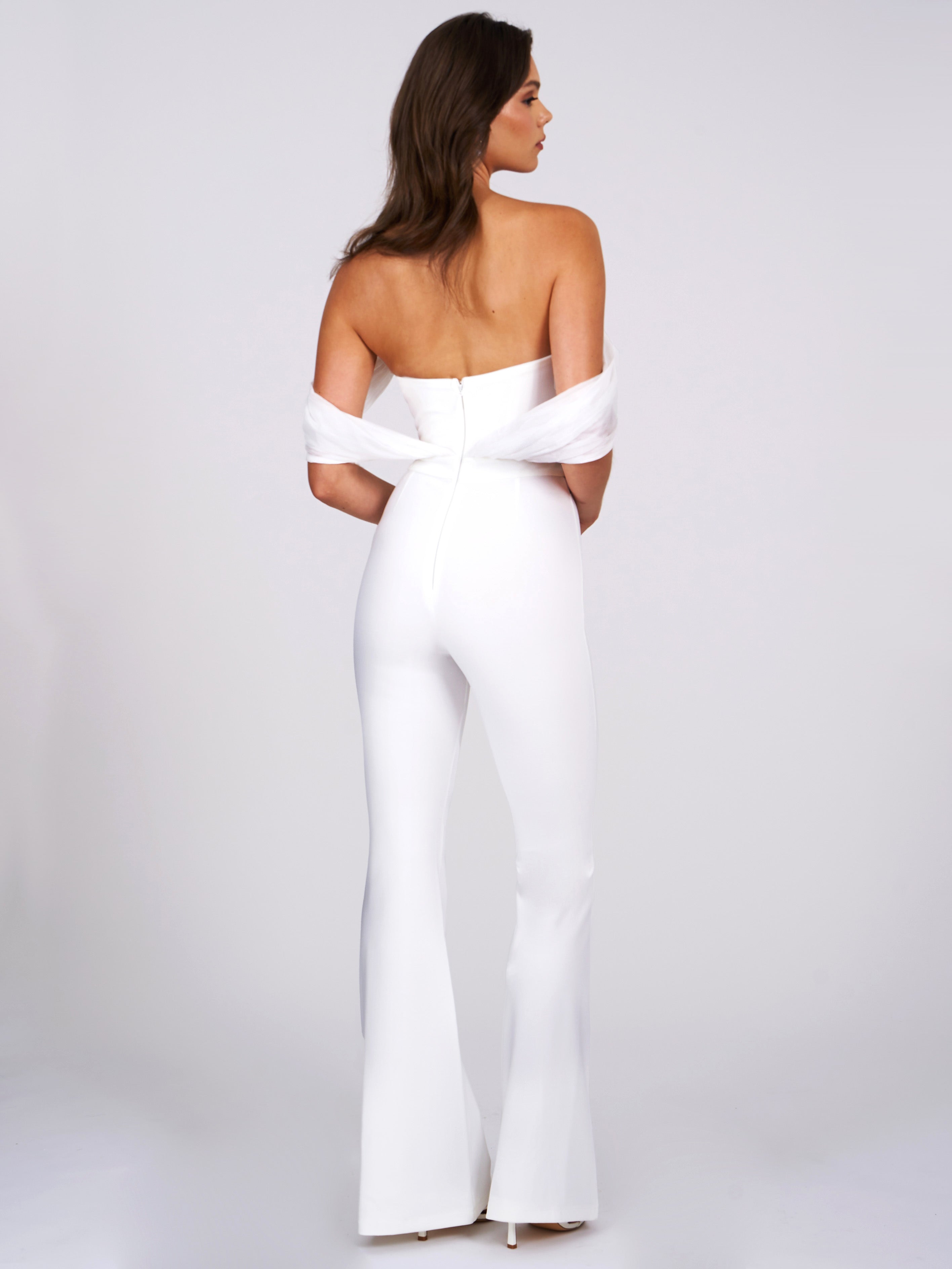 Sherlyn White Off Shoulder Flared Crepe Jumpsuit (Archive Sale)