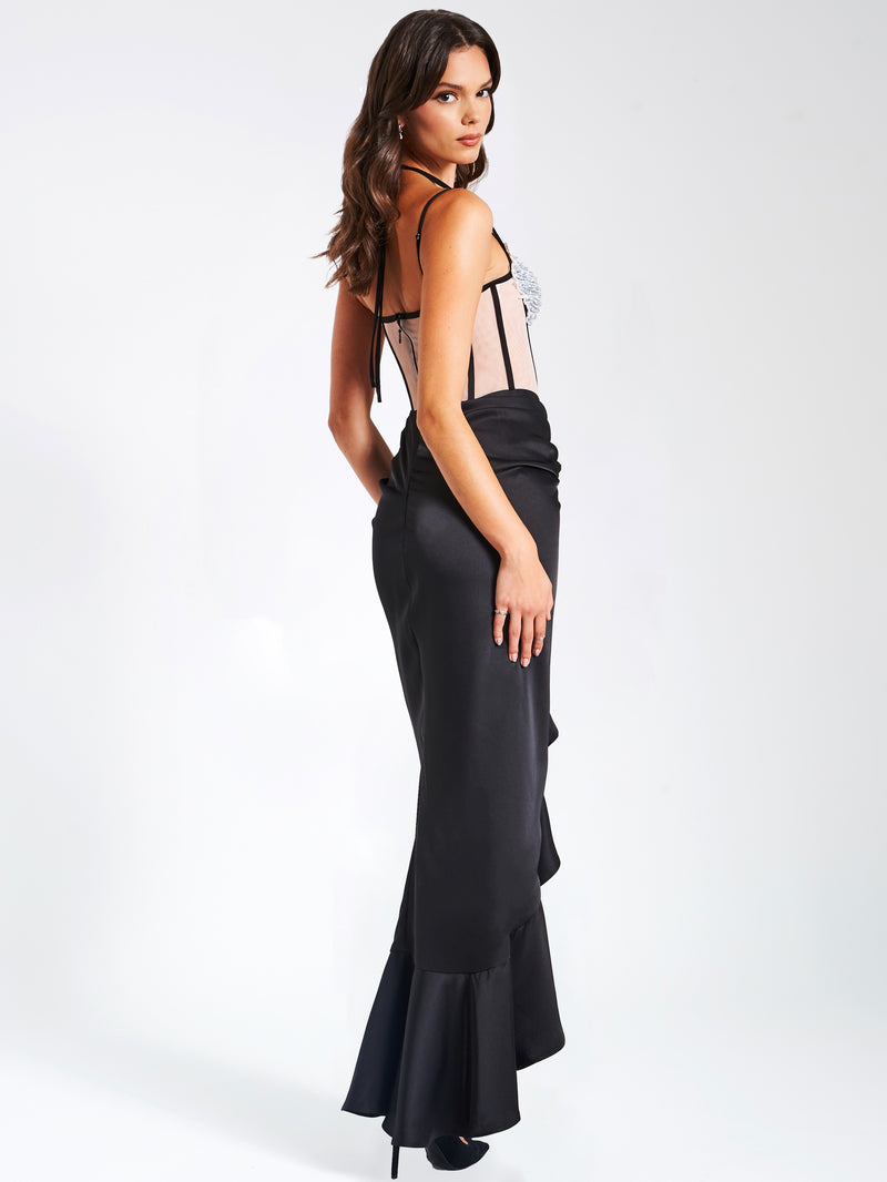 Rafaela Black Satin Corset Sequin Wing Cup Dress