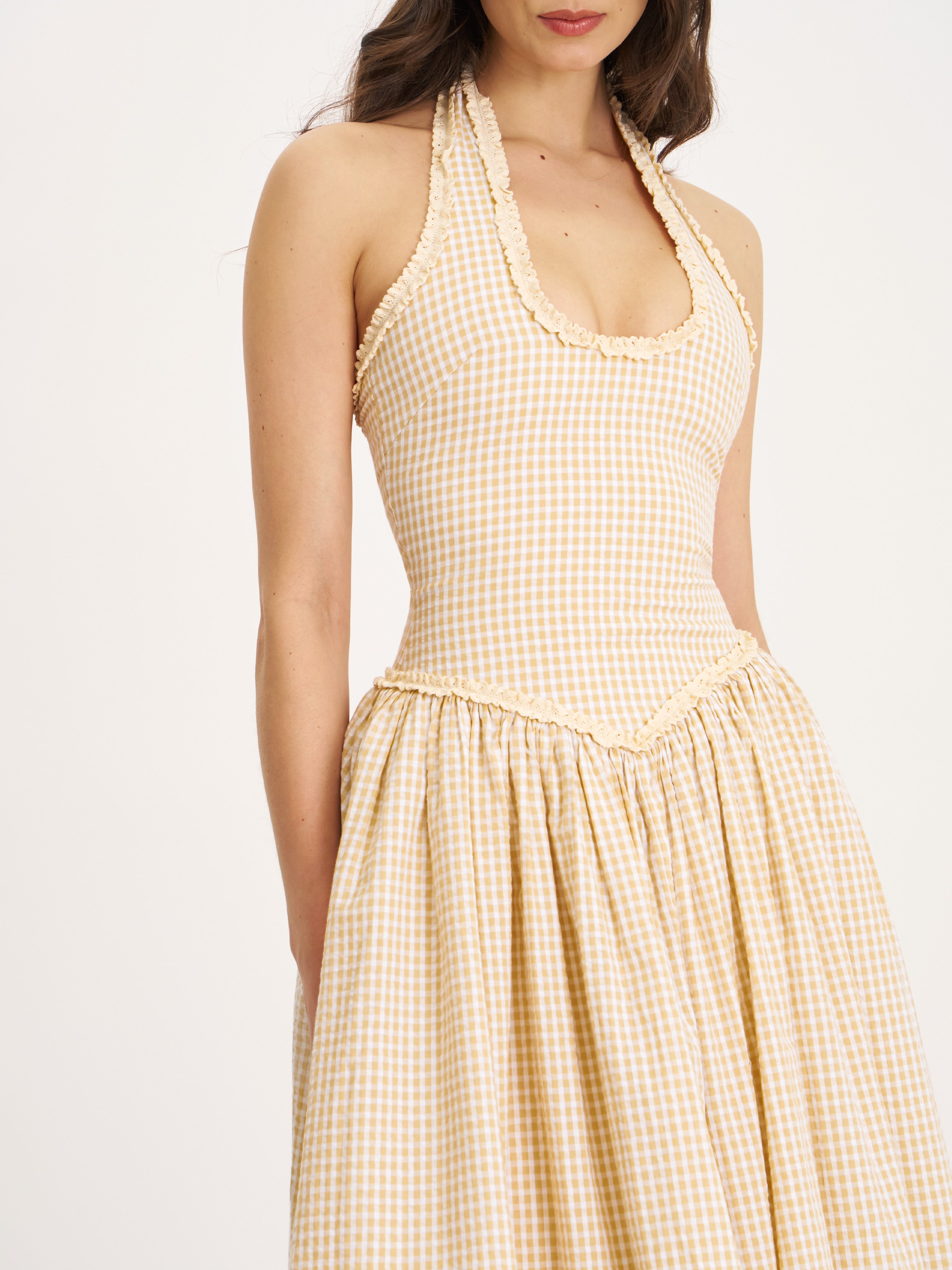 Idella Yellow Gingham U Neck Midi Dress