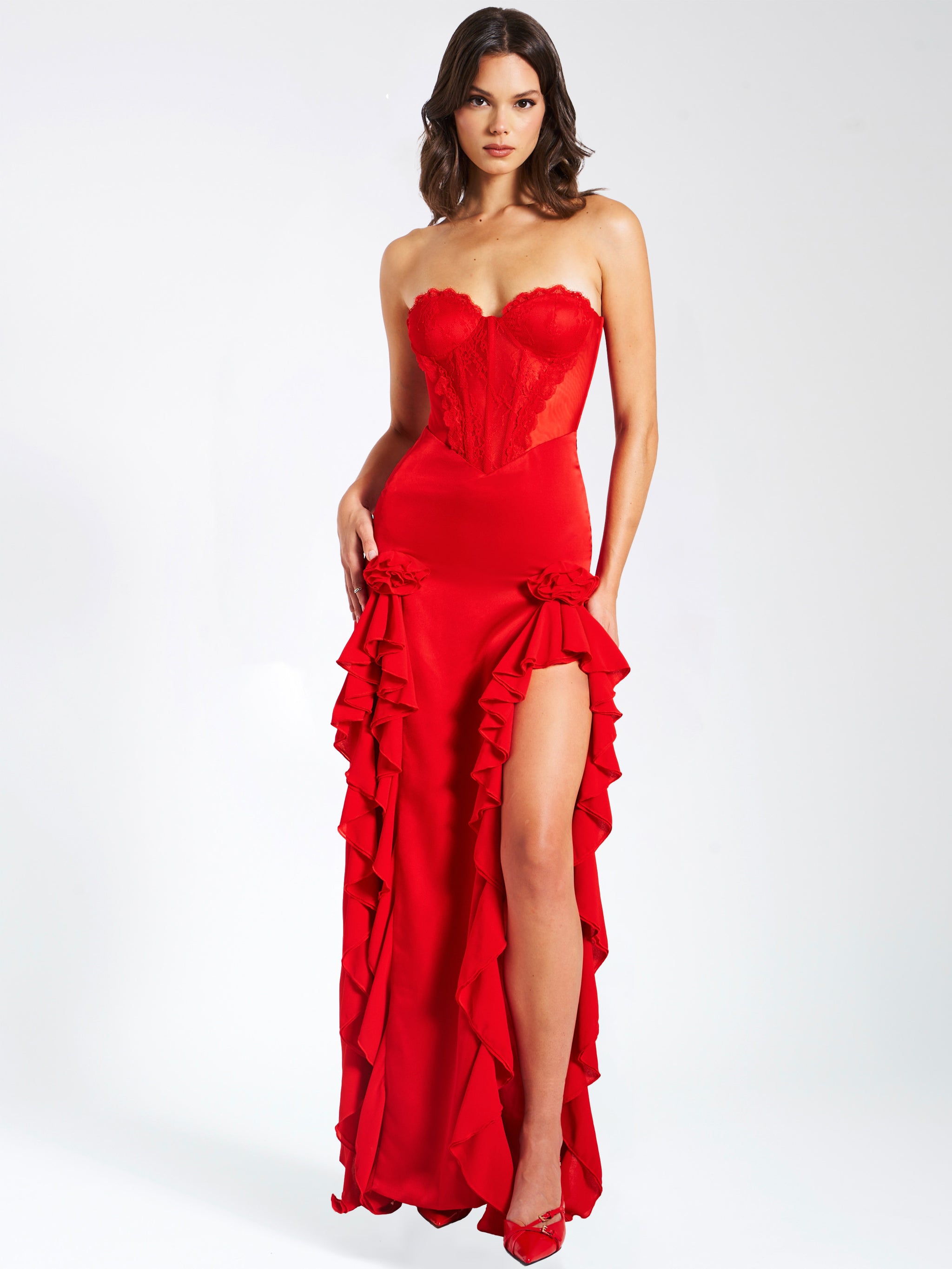 strapless open back dress Talia Red Satin Lace Corset Maxi Dress