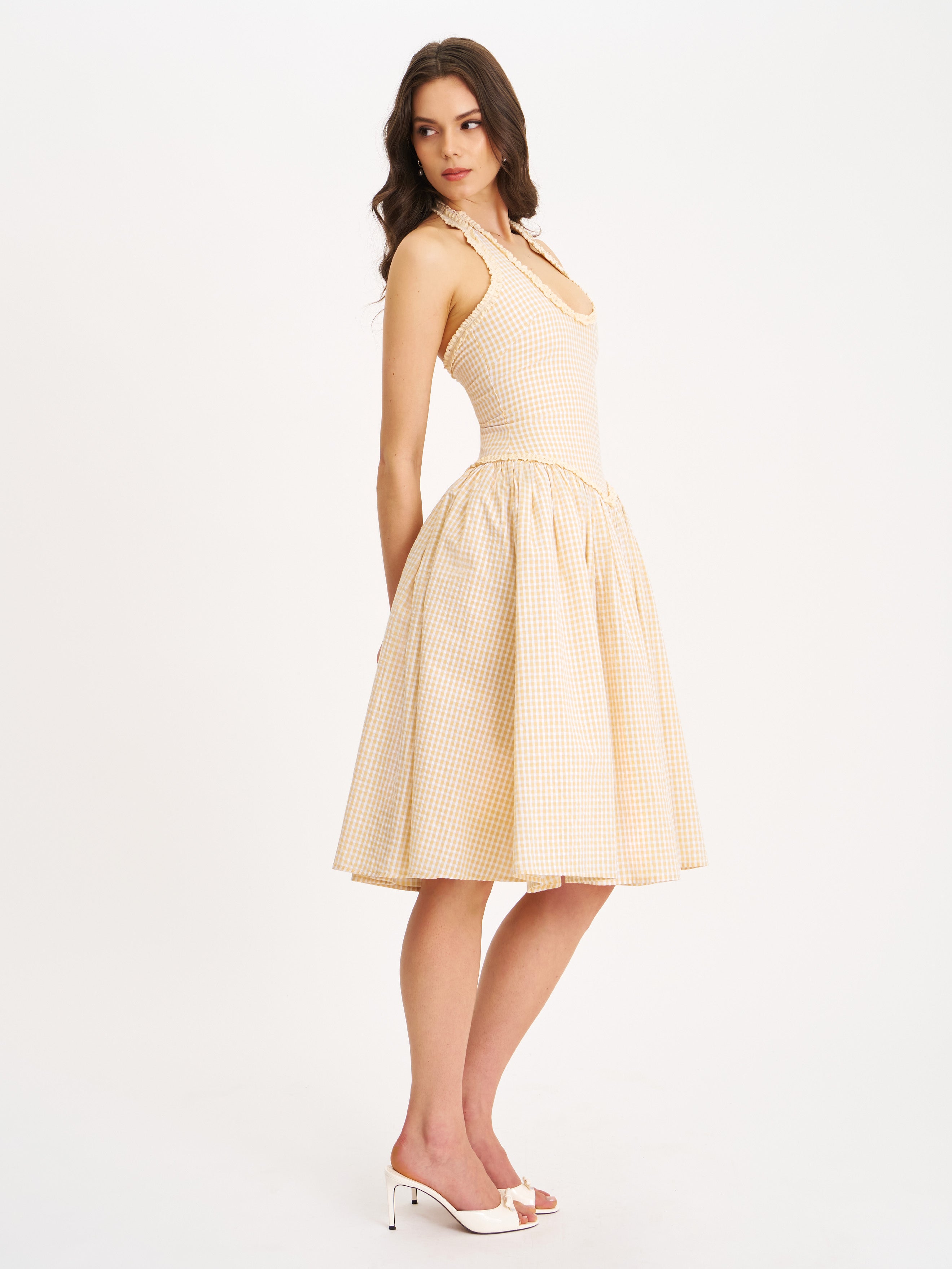 Idella Yellow Gingham U Neck Midi Dress