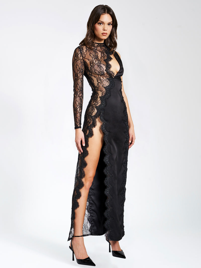 Weslyn Black Satin Lace High Slit Dress