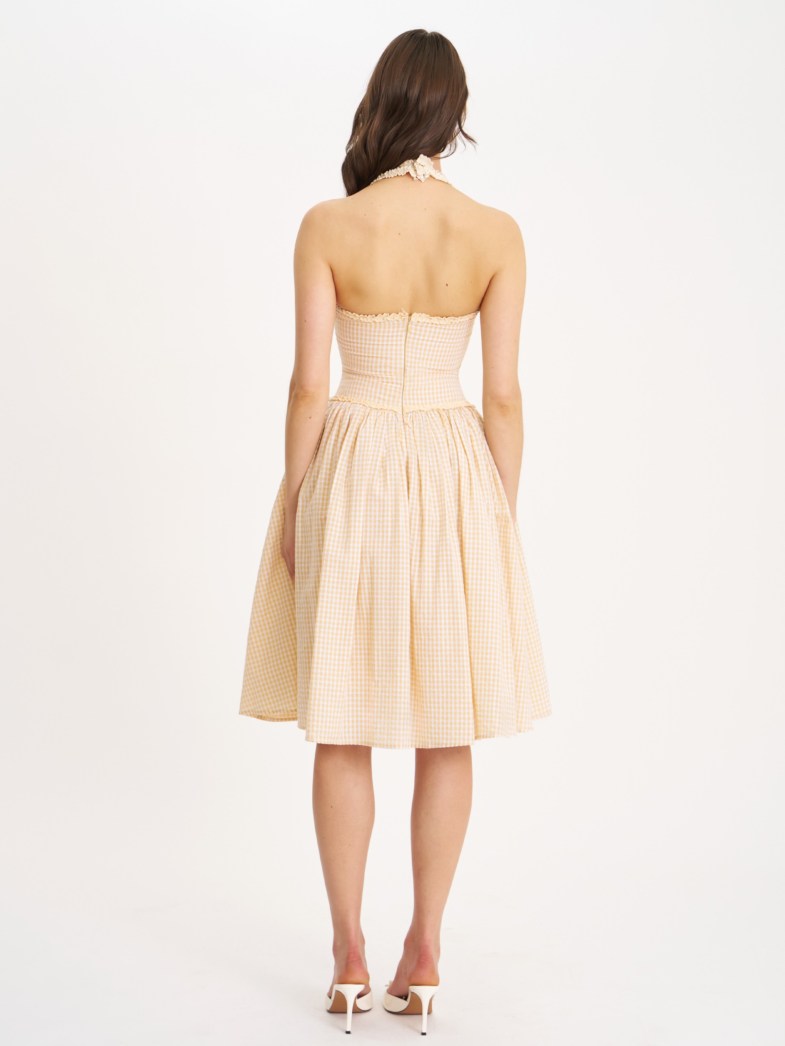 Idella Yellow Gingham U Neck Midi Dress