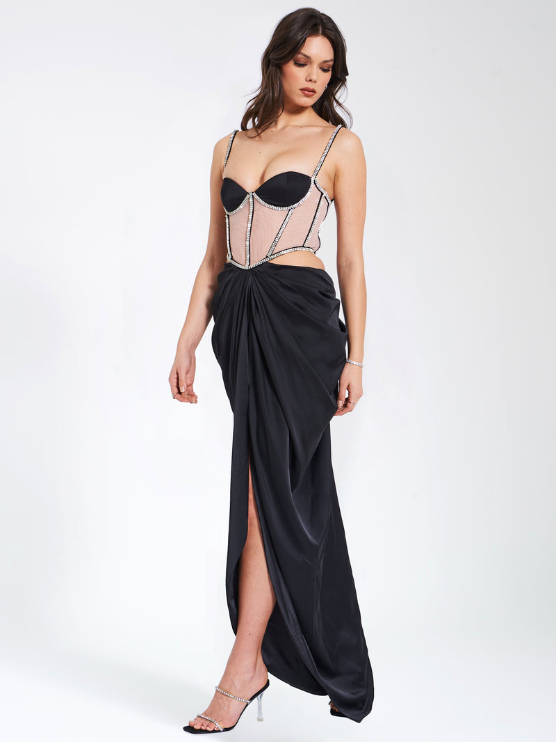 Cadence Black Satin Crystal Embellished Corset Dress