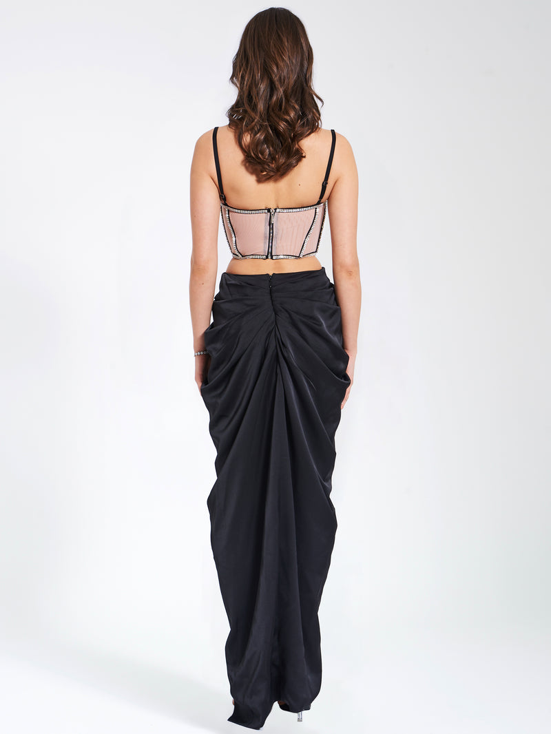 Cadence Black Satin Crystal Embellished Corset Dress