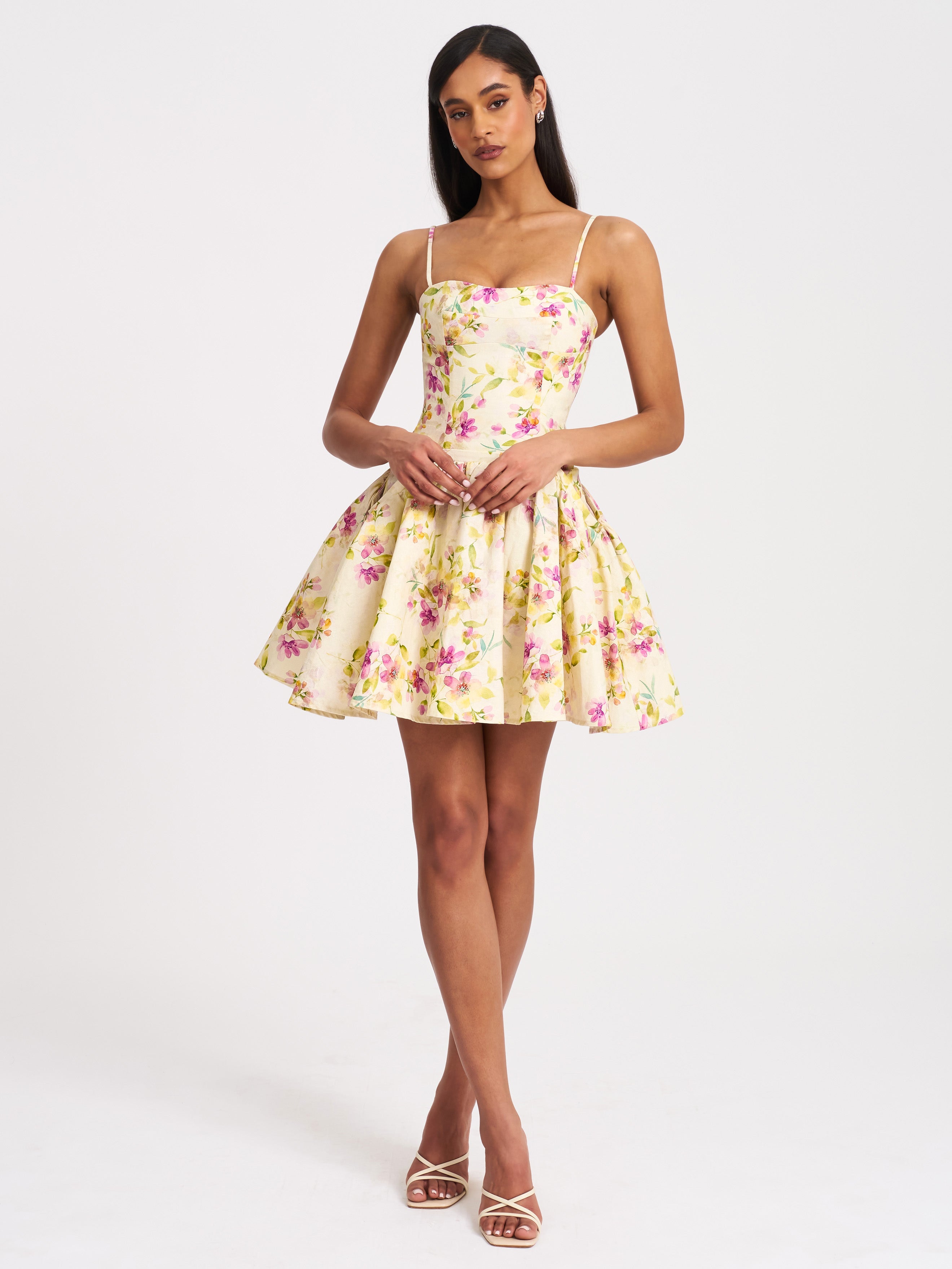 Valda Yellow and Pink Print Linen Mini Dress with Pockets