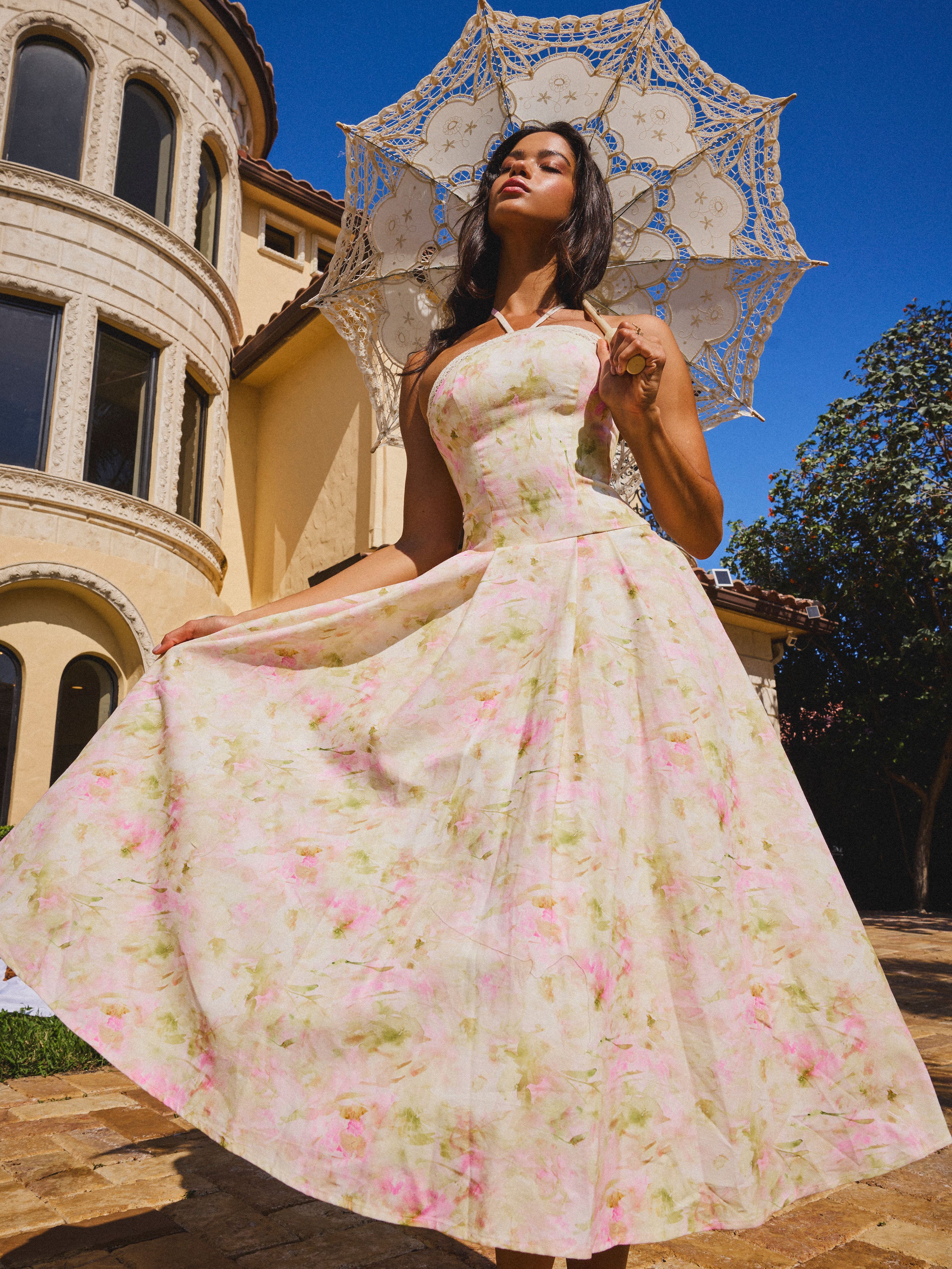 Zaina Yellow Pink Floral Print Lace Trim Linen Midi Dress