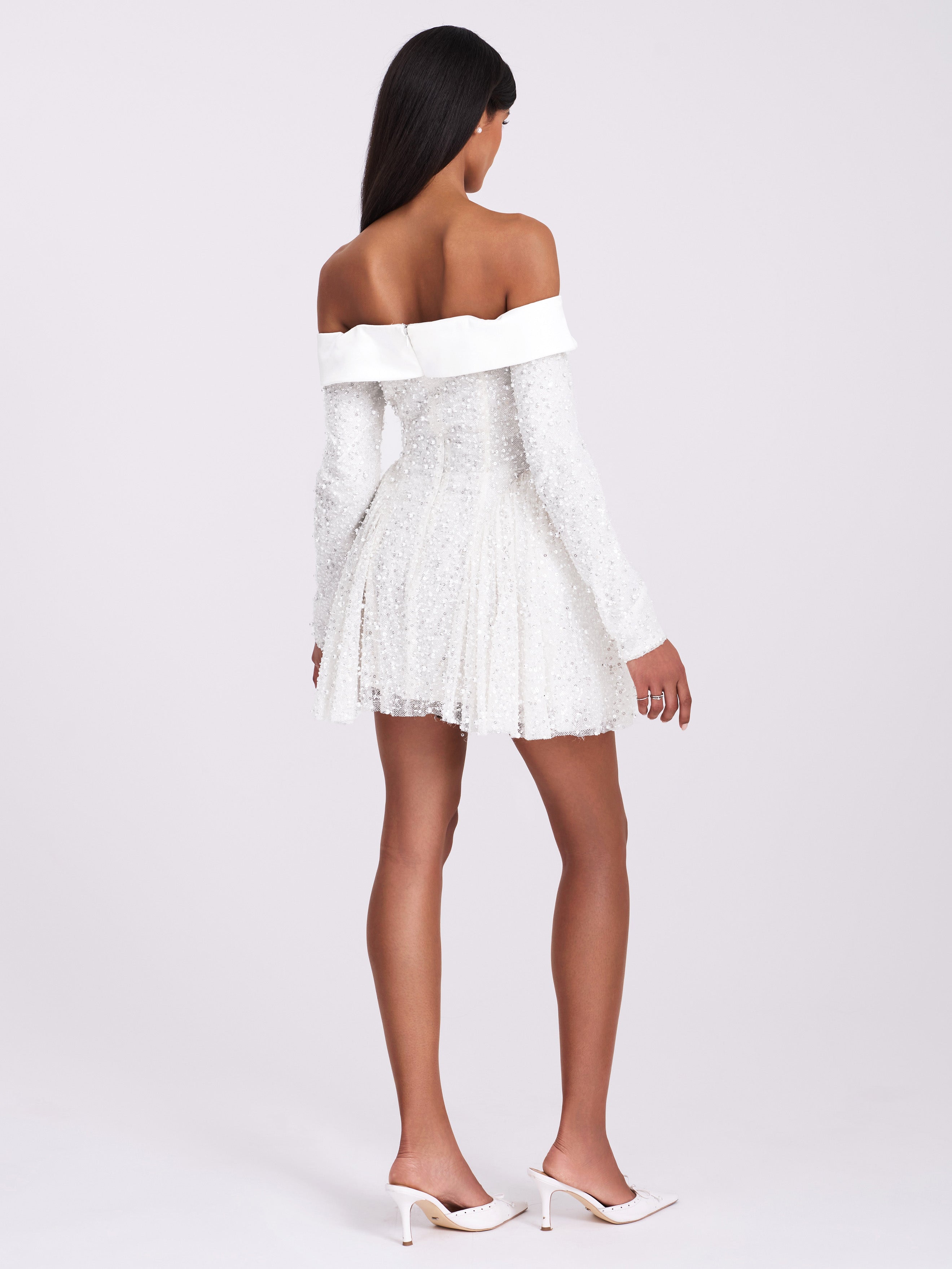 Kira Bead Embroidered Mesh Off Shoulder Long Sleeve Mini Dress