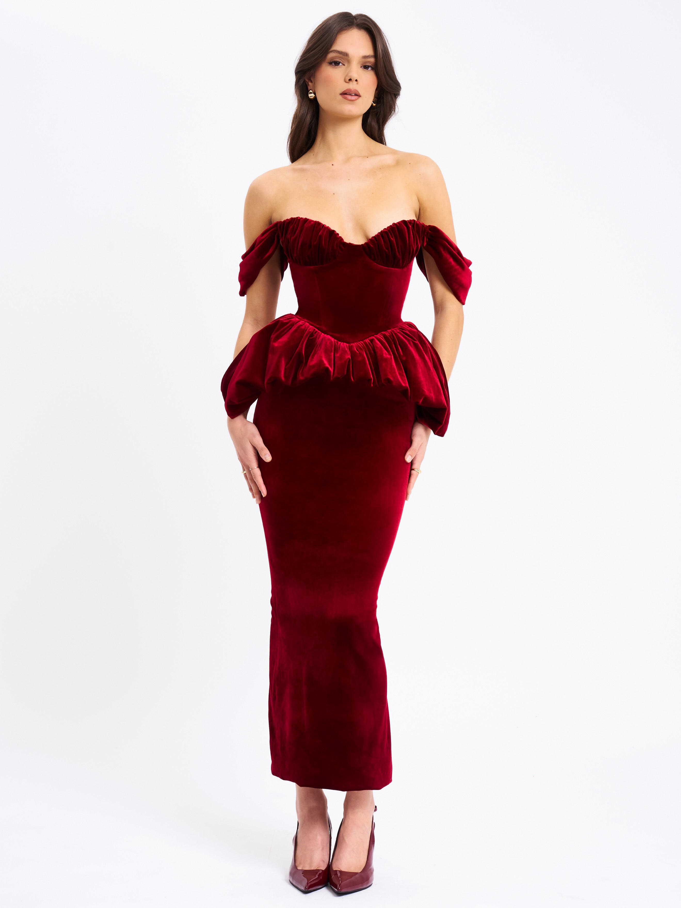 Abigail Velvet Off Shoulder Bubble Hem Peplum Maxi Dress (Archive Sale)
