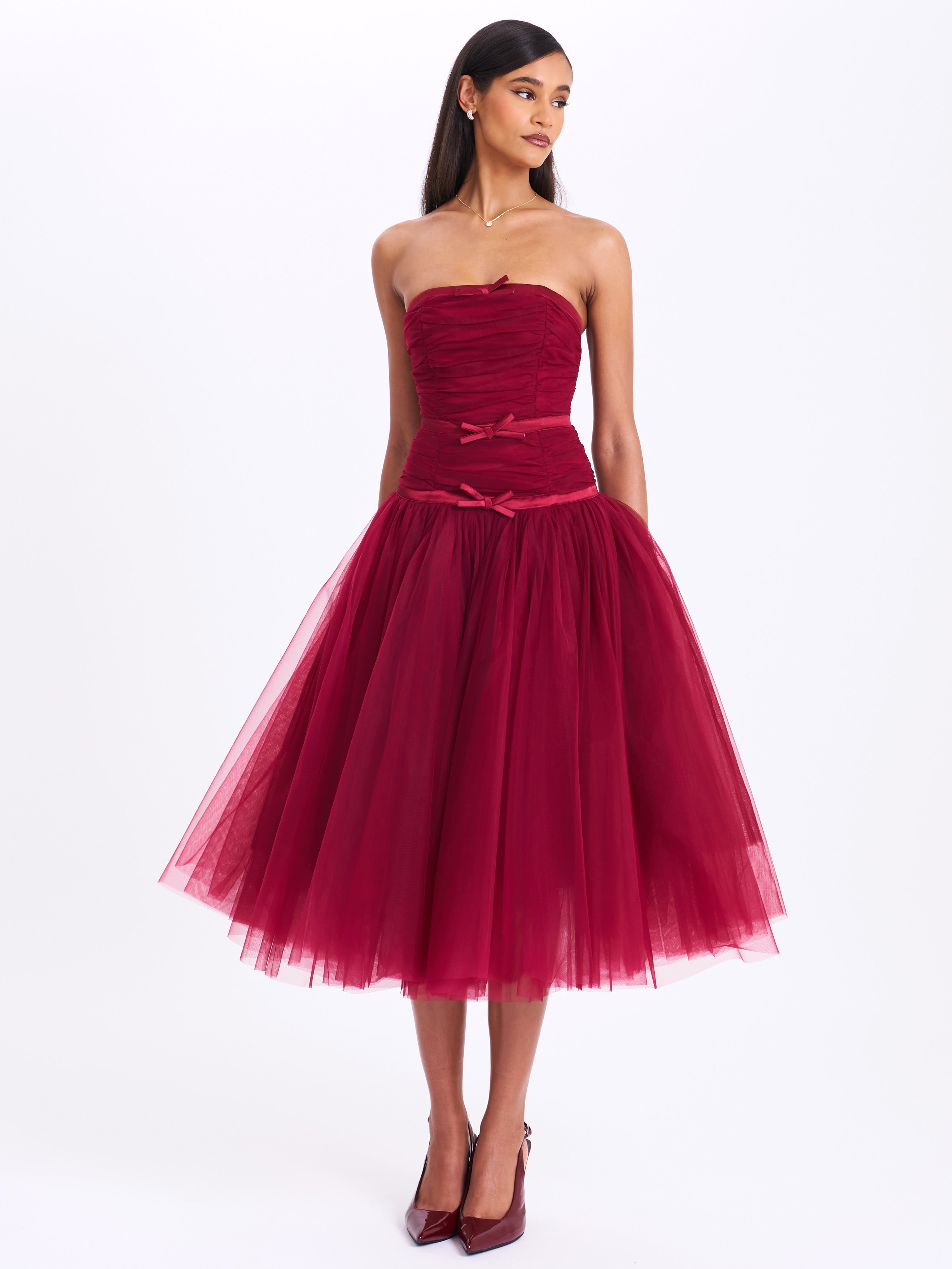 Mabel Burgundy Drop Waist Layered Mesh Midi Puffy Dress with Bow