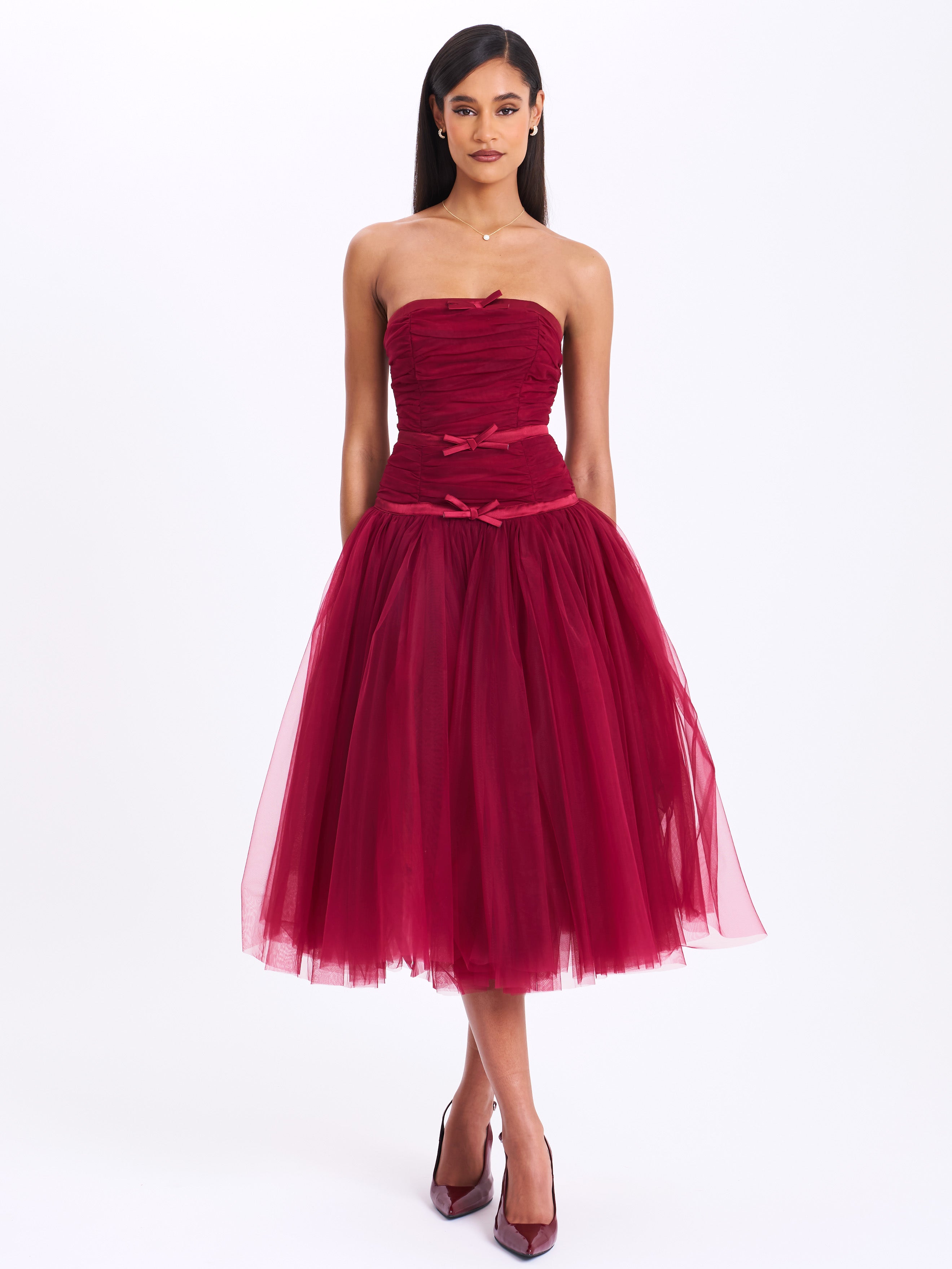 Mabel Burgundy Drop Waist Layered Mesh Midi Puffy Dress with Bow