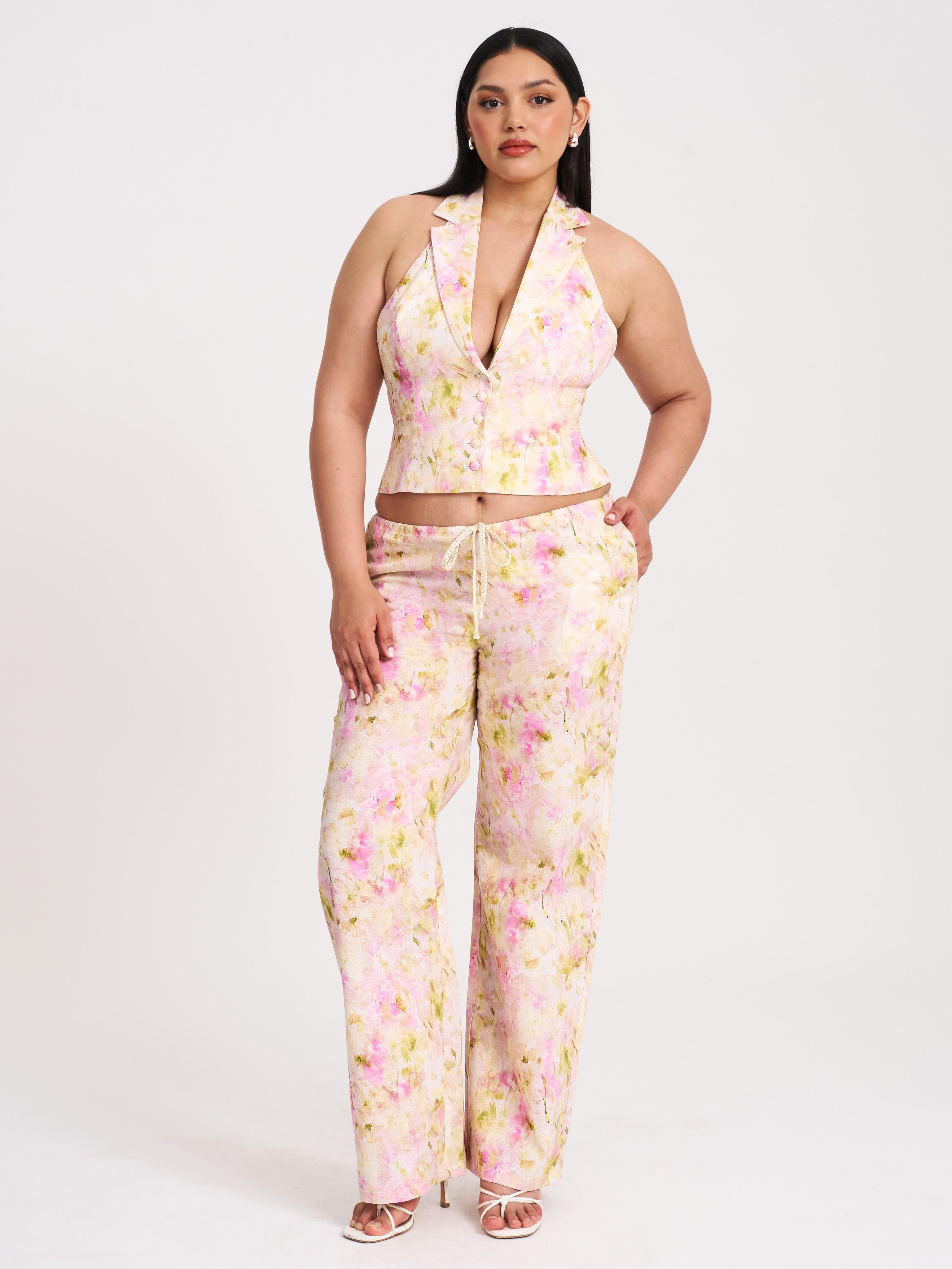Laureen Pink Floral Print Linen Straight Pants