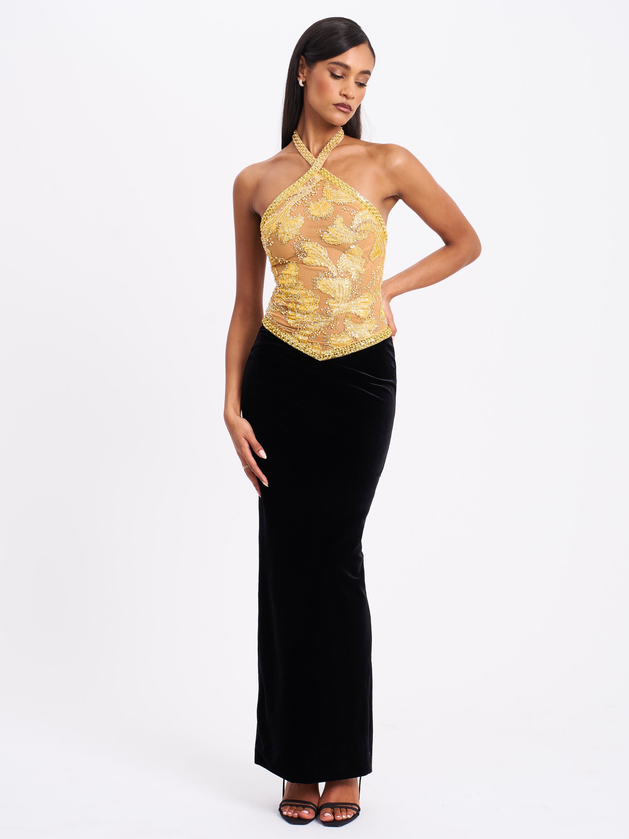 Miss Circle Women's Gazelle Embroidered Vintage Style Maxi Dress - Gold - Size XL - Gold and Black