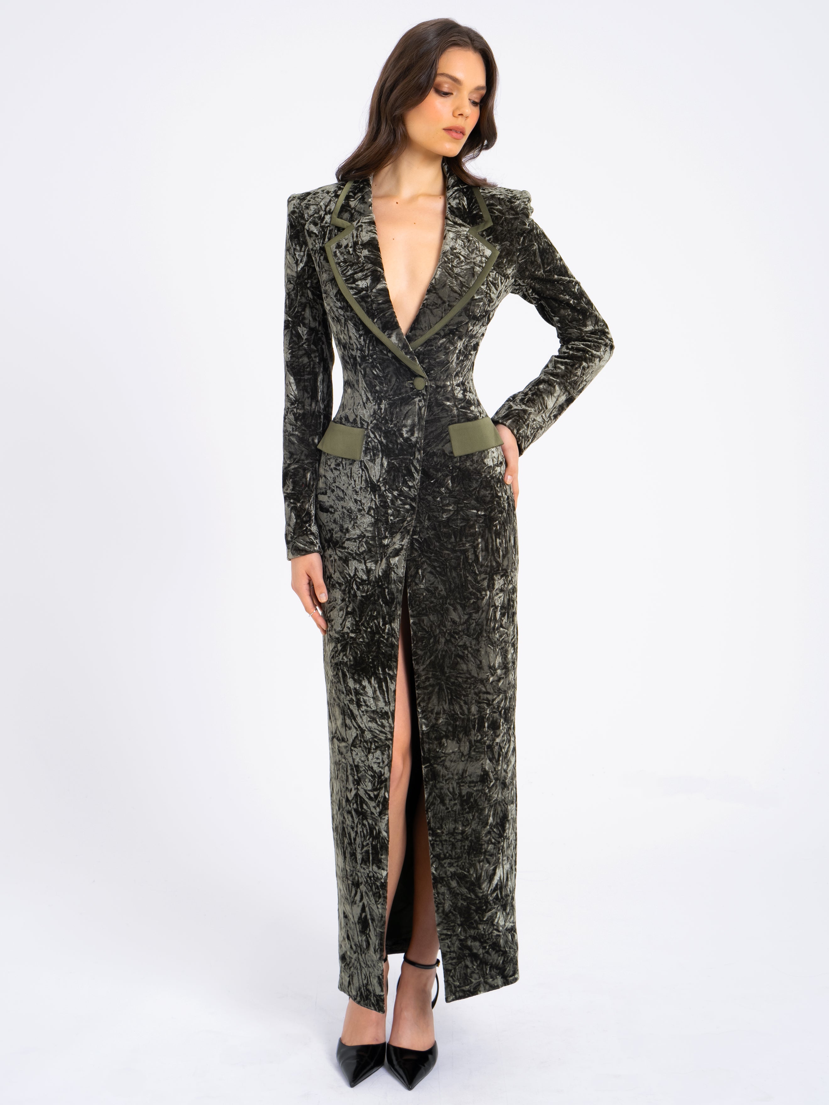 Willow Green Glossy Velvet High Slit Blazer Gown (Archive Sale)
