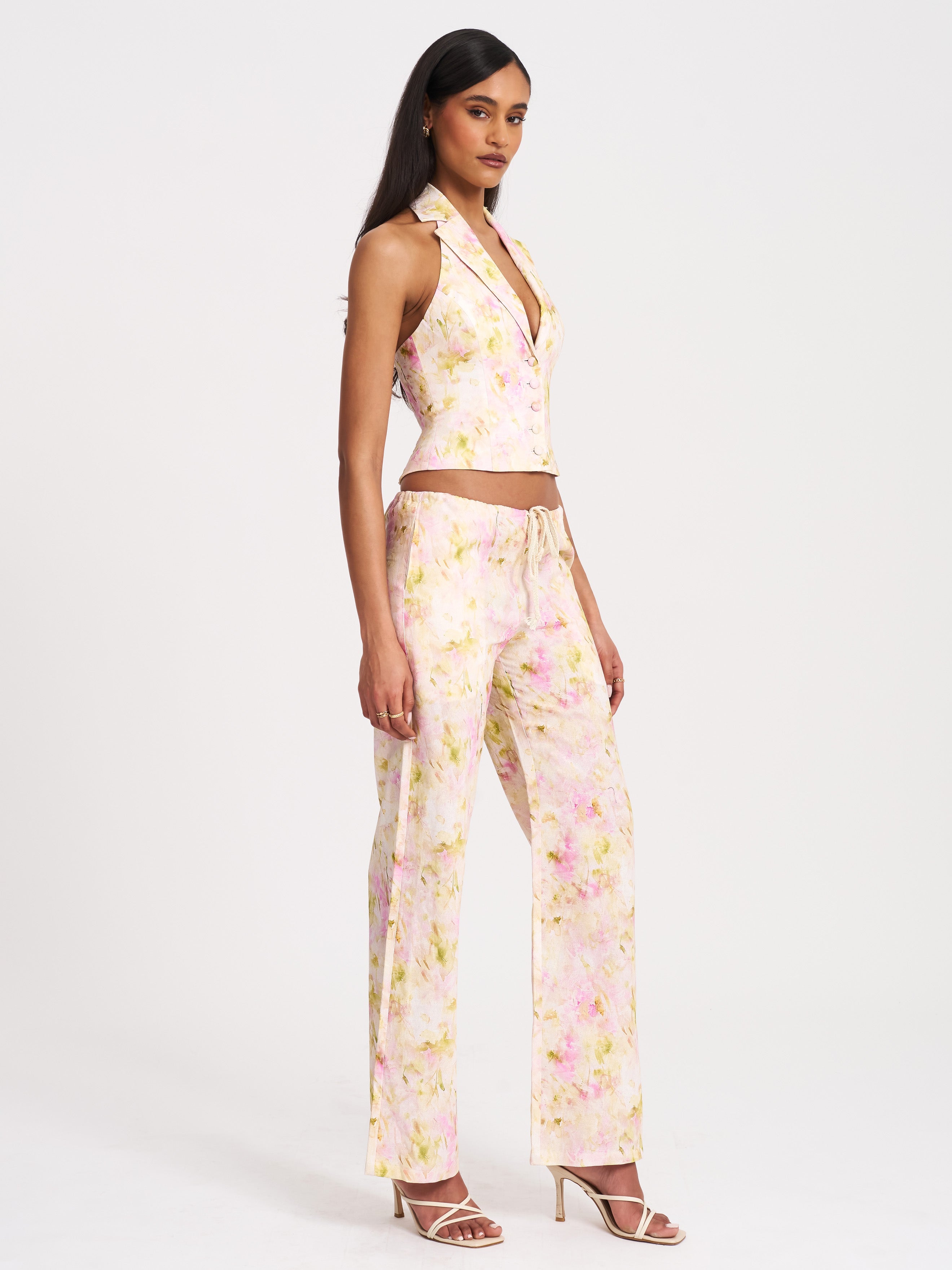 Laureen Pink Floral Print Linen Straight Pants